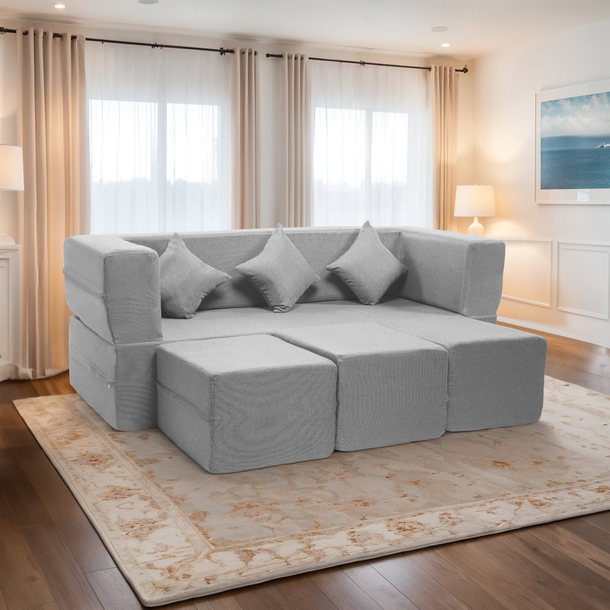Flipper X Sofa Cum Bed - 3 Seater With 3 Ottoman - Plain Cushion (Jute Fabric, Light Grey )