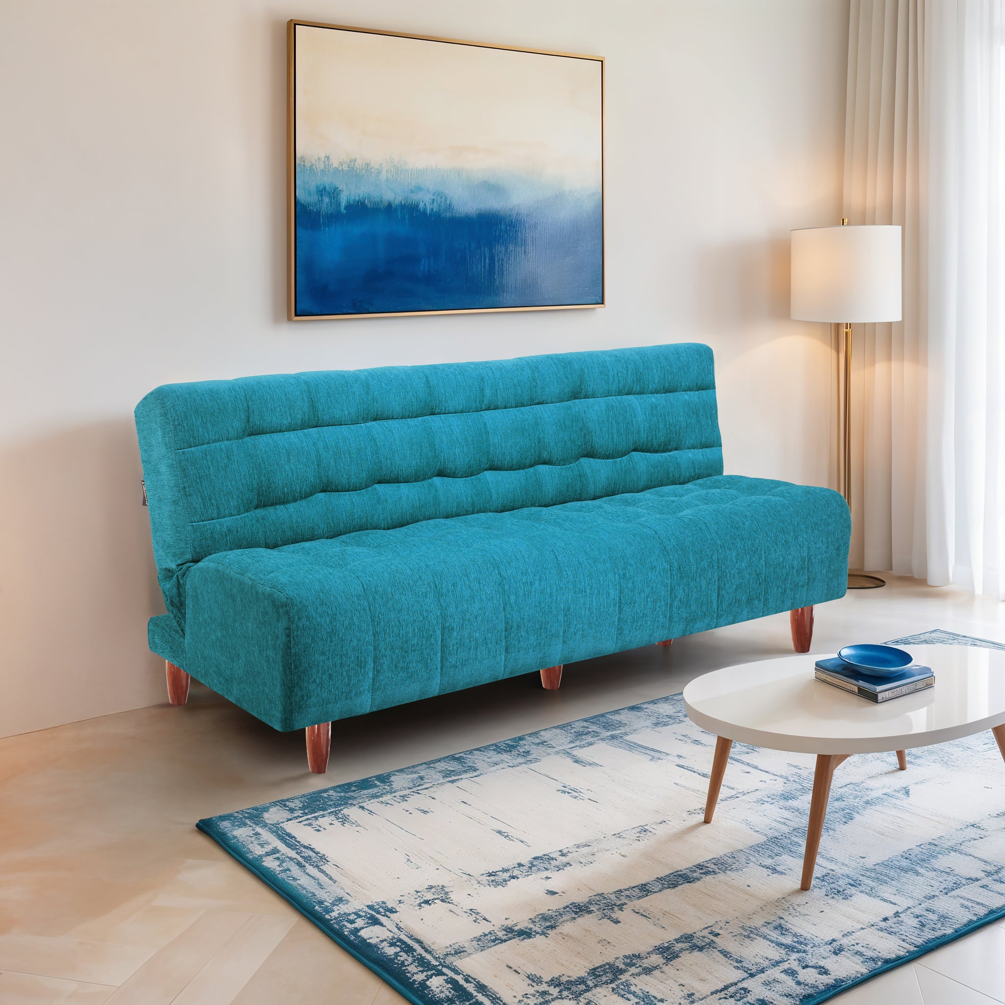Florida Neo 3 Seater Wooden Sofa Cum Bed - ( Premium Molfino Fabric- Sky Blue )