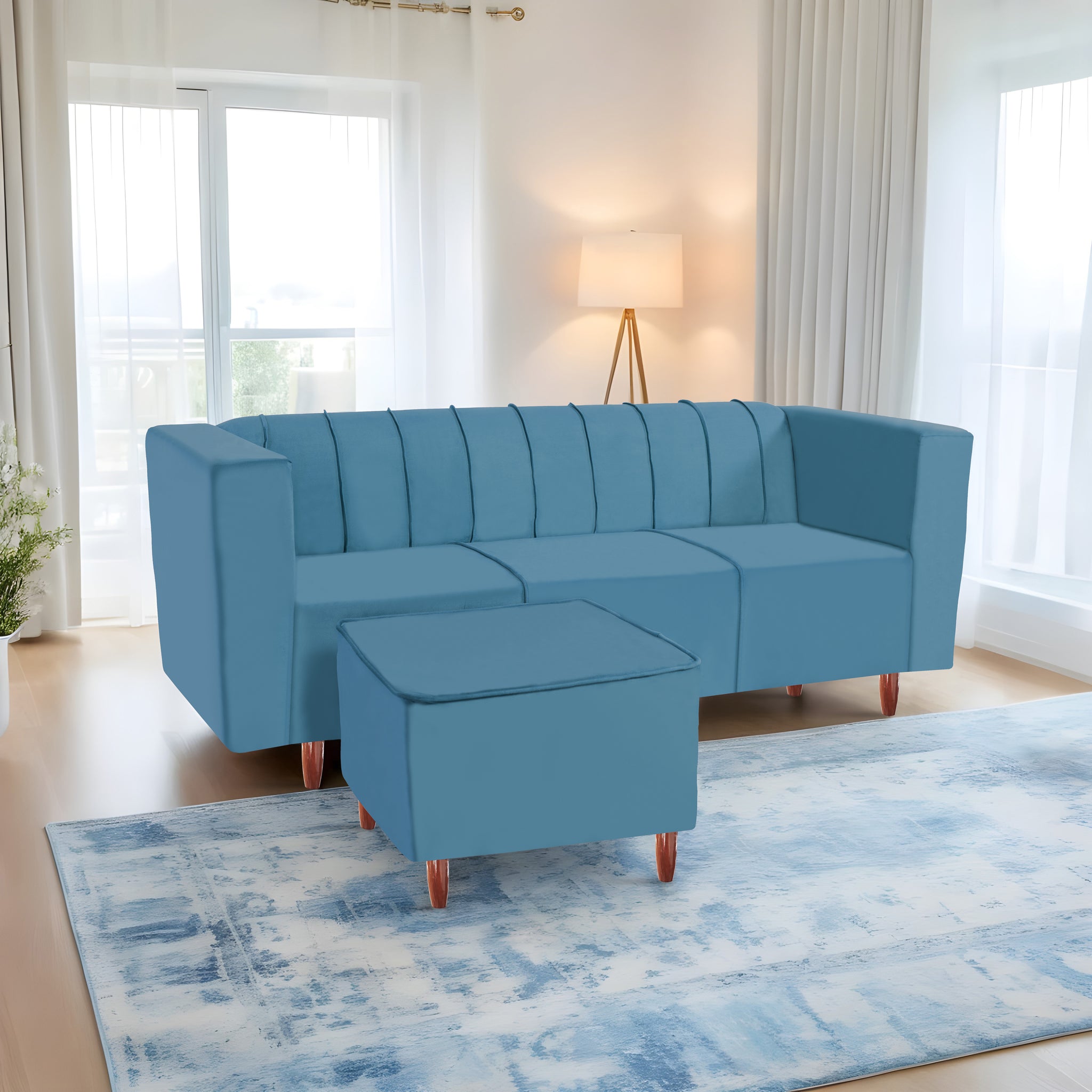 Sydney 4 Seater Sofa with Ottoman- ( Premium Holland Fabric- Sky Blue )