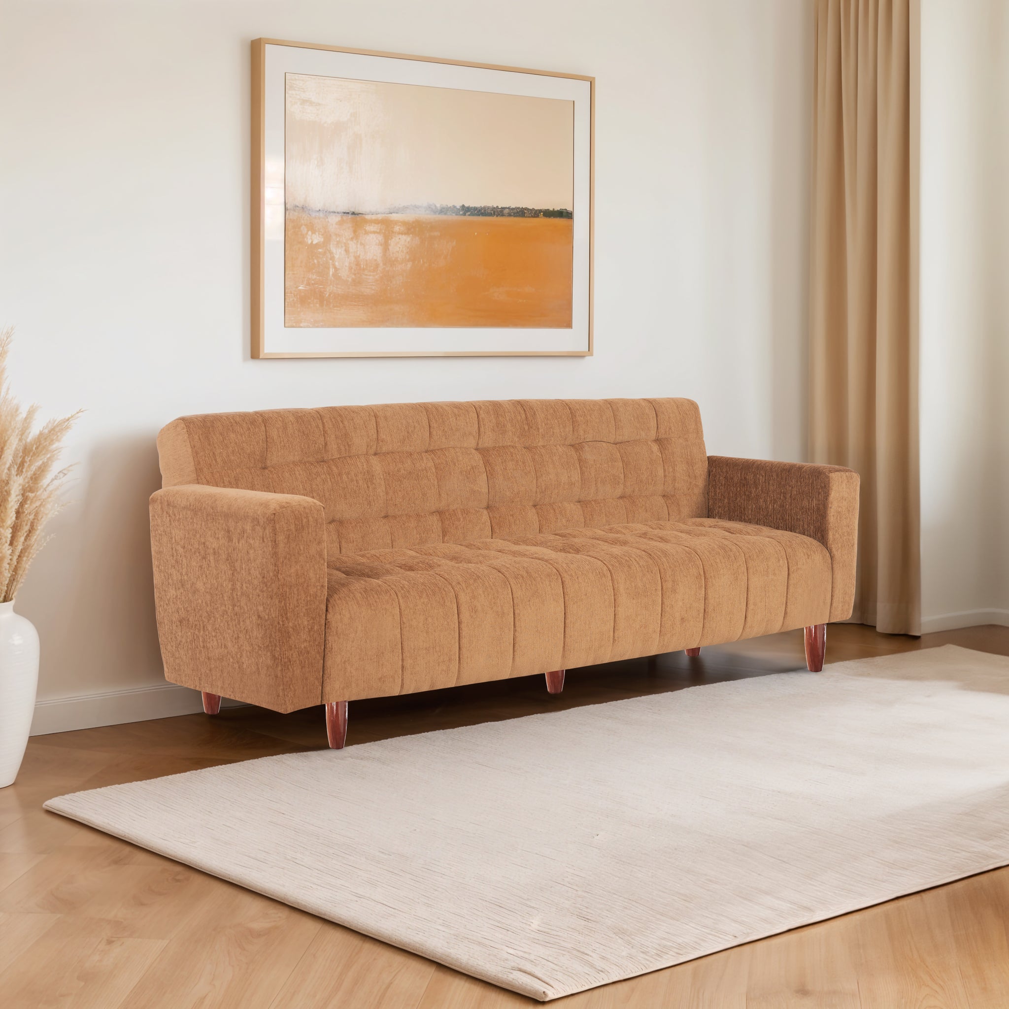 Lisbon Neo 4 Seater Wooden Sofa Cum Bed - ( Premium Molfino Fabric- Beige )