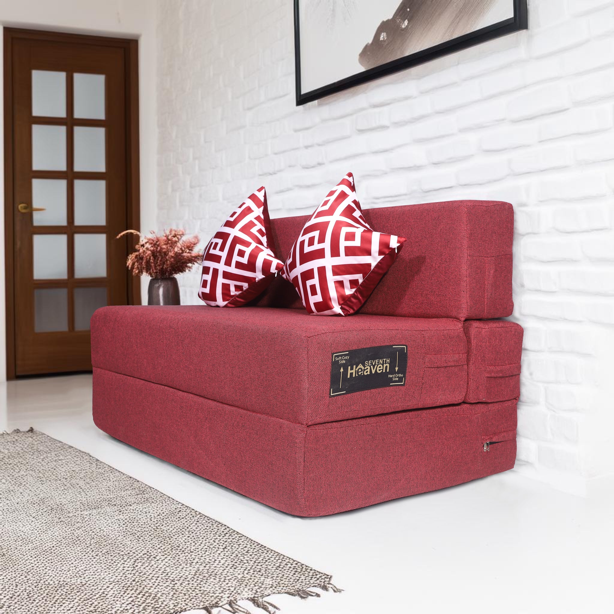 Seventh Heaven 2 Seater 6×4  Premium Jute Fabric Washable Cover Sofa cum Bed 2 Seater Double Foam Fold Out Sofa  Bed With 2 Printed Cushions (Finish Color - Maroon Delivery Condition - Pre-assembled)