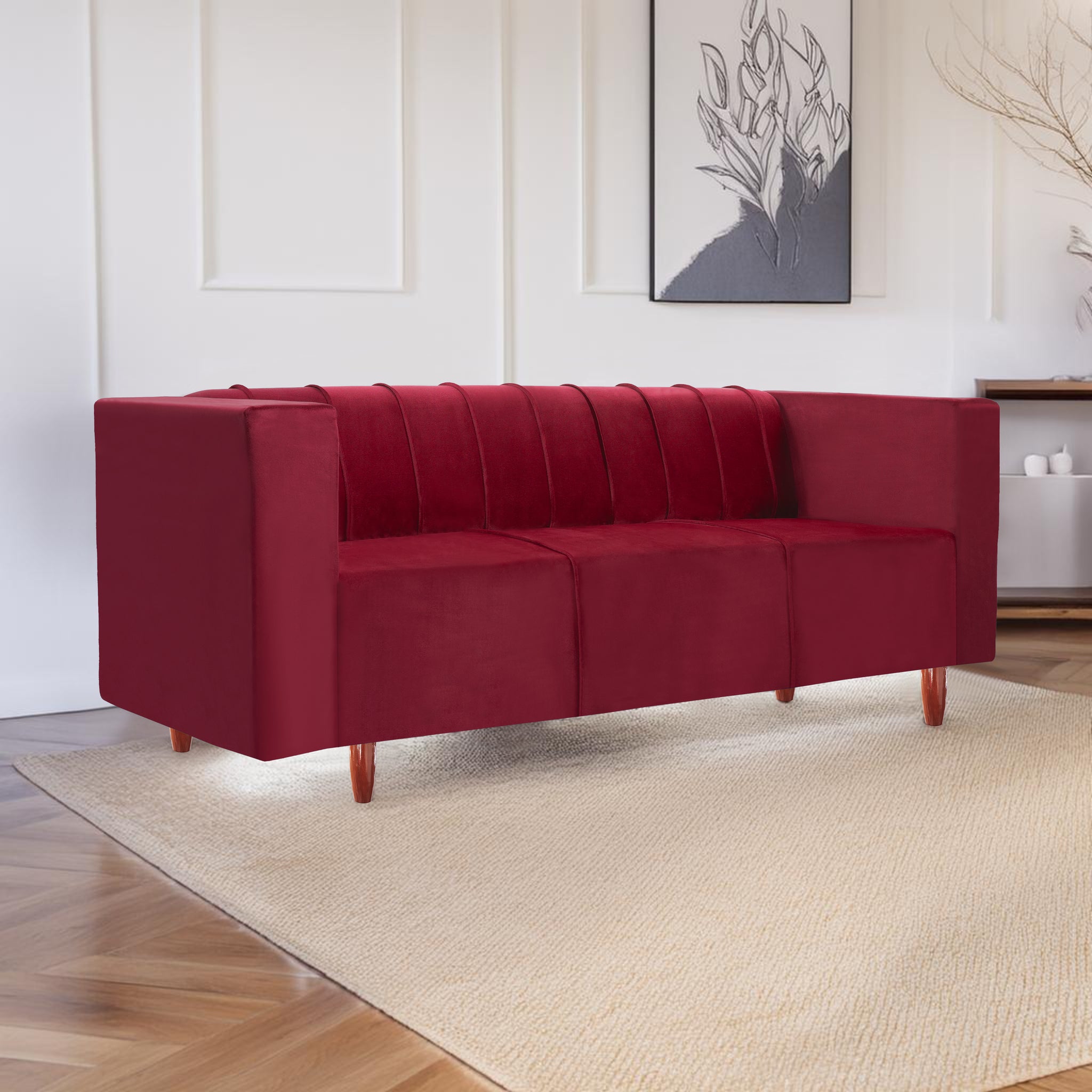 Sydney 3 Seater Sofa- ( Plush Suede Fabric- Maroon )