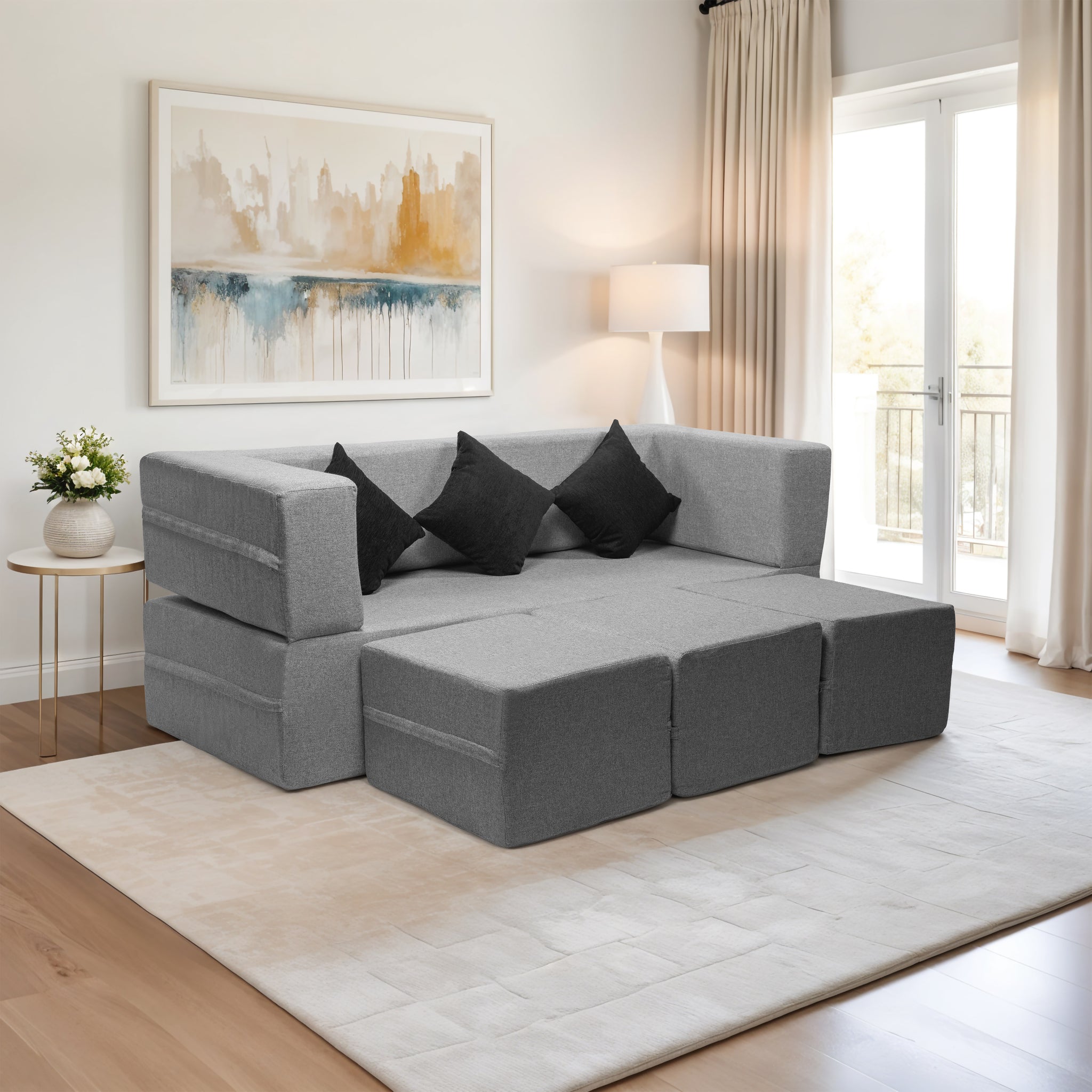 Flipper X Sofa Cum Bed - 3 Seater With 3 Ottoman - Plain Cushions ( Jute Fabric, Light Grey )