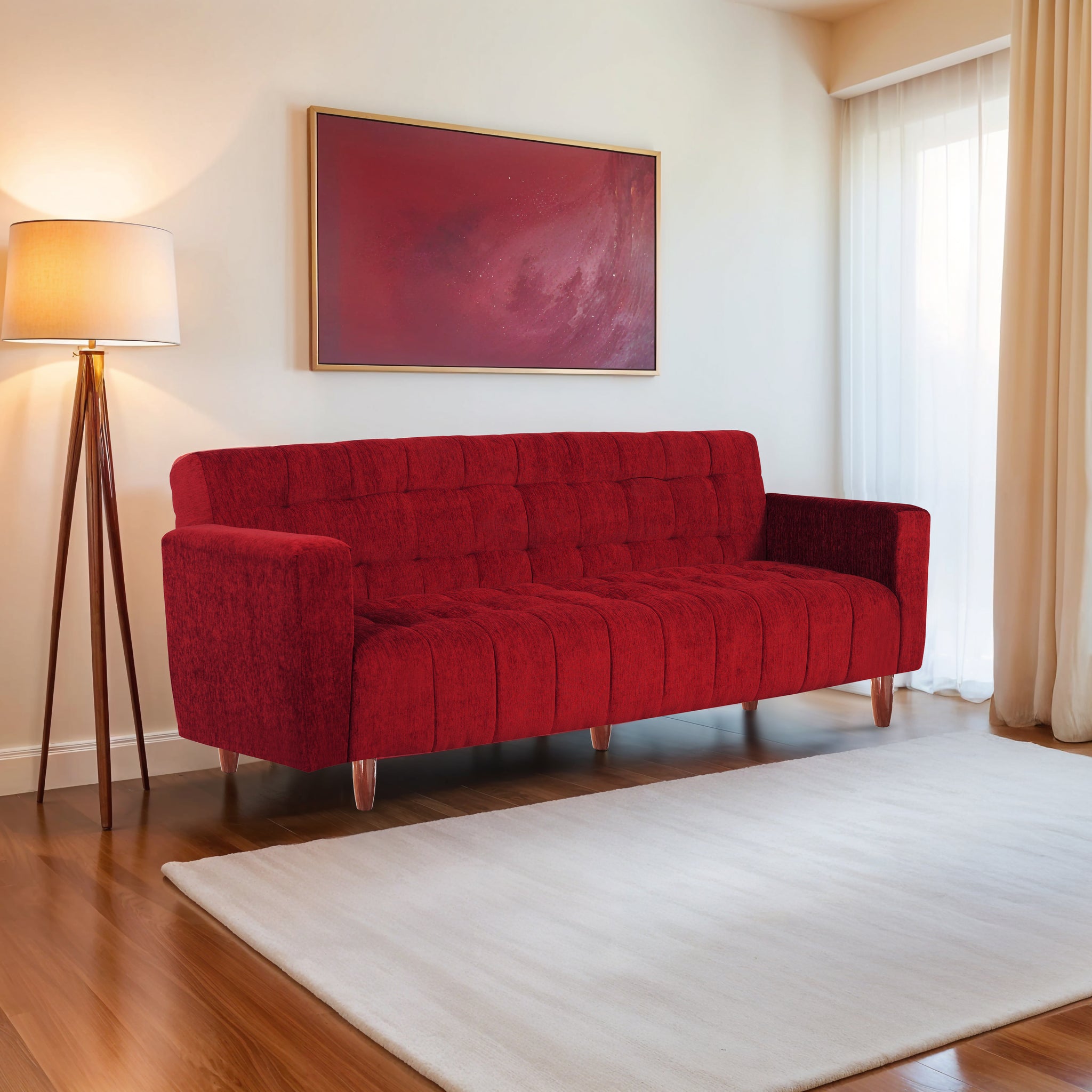 Lisbon Neo 4 Seater Wooden Sofa Cum Bed - ( Premium Molfino Fabric- Maroon )