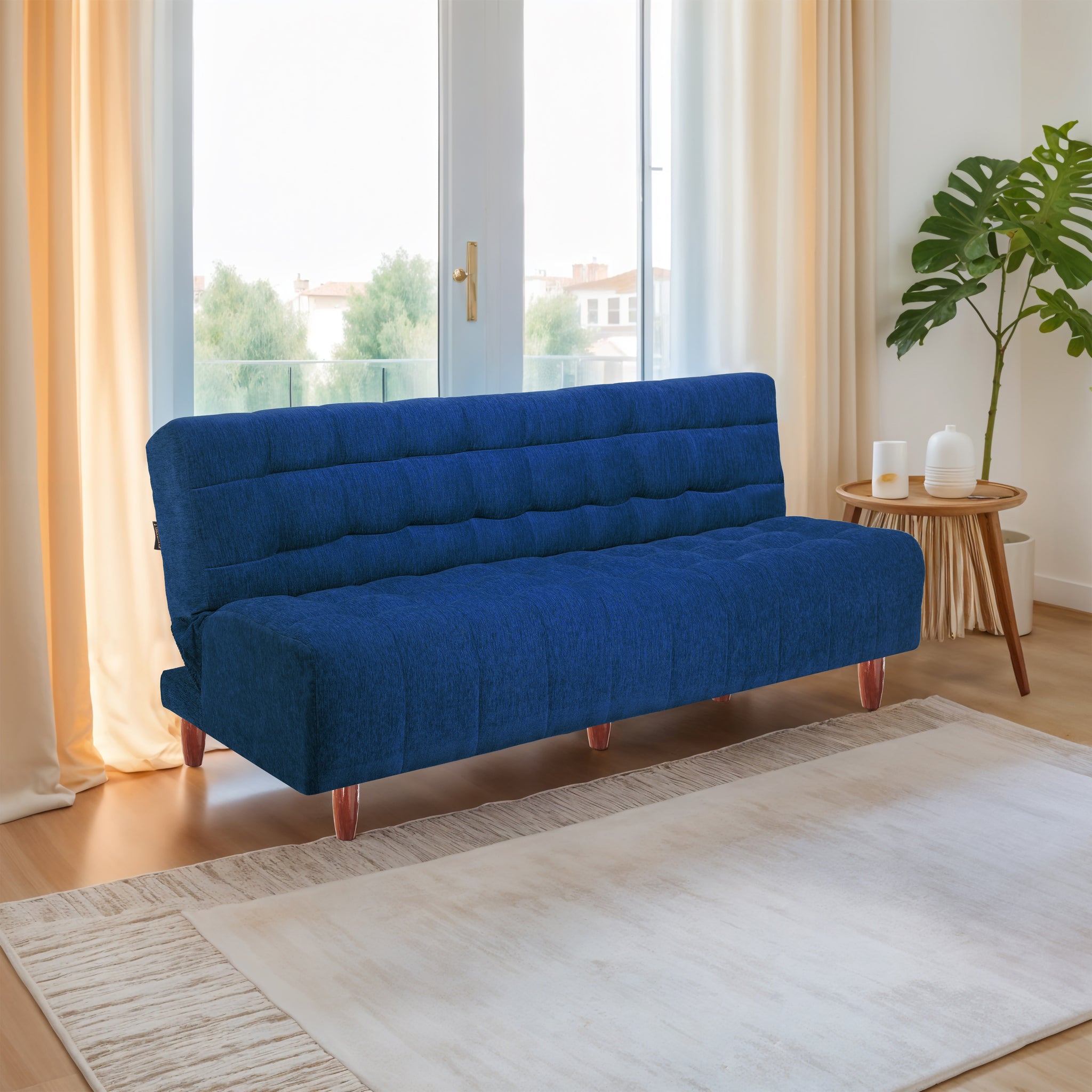 Neo Florida 3 Seater Wooden Sofa Cum Bed - ( Premium Molfino Fabric- Blue )
