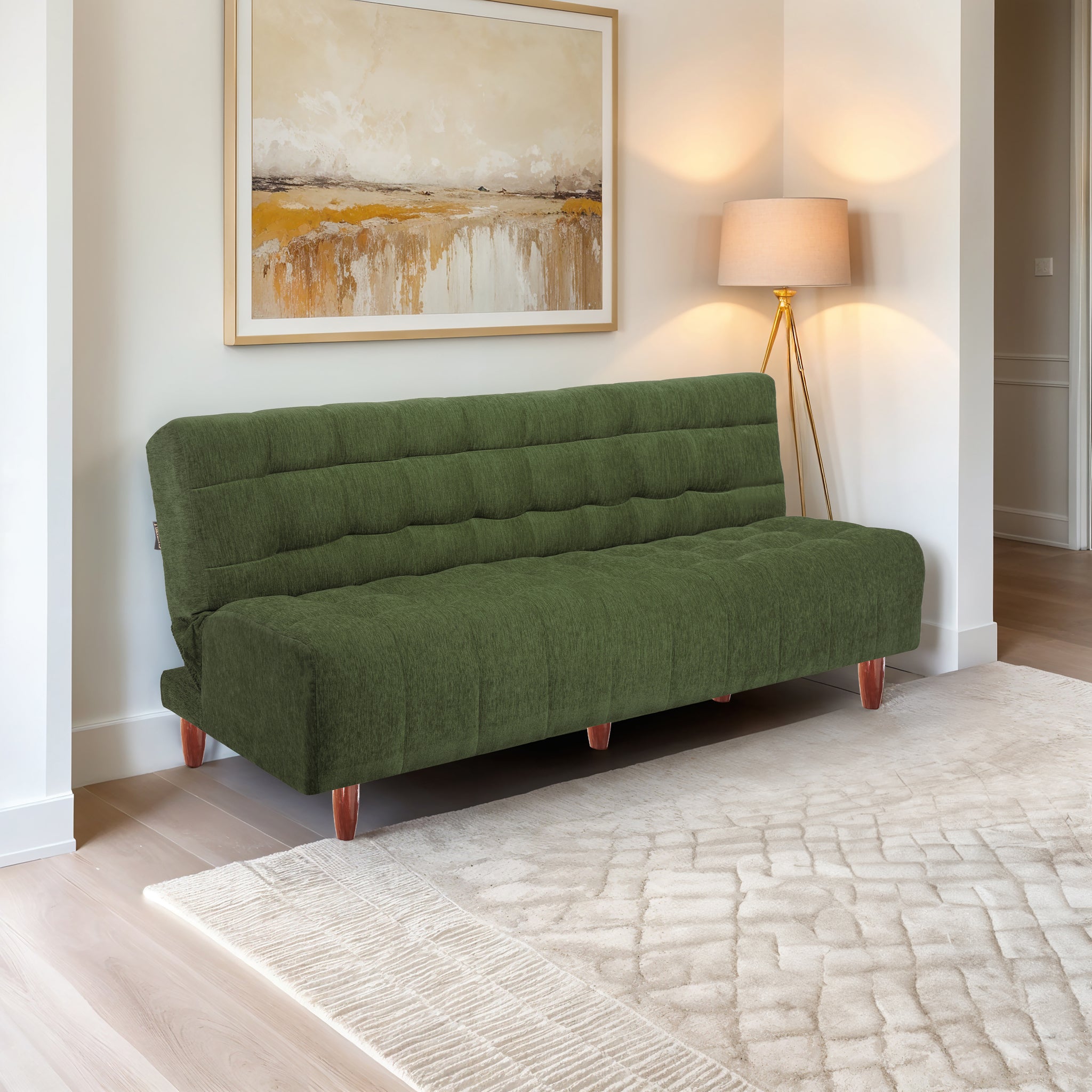 Florida Neo 3 Seater Wooden Sofa Cum Bed - ( Premium Molfino Fabric- Green )