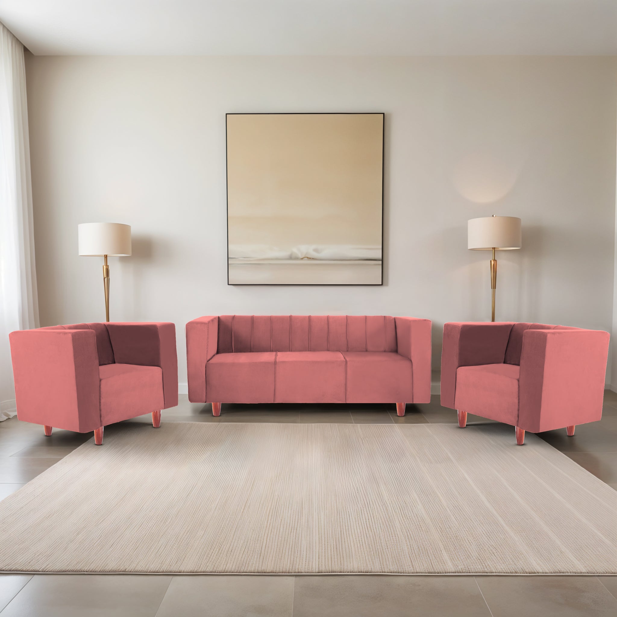 Sydney 5 Seater Sofa- (3+1+1) ( Premium Holland Fabric - Peach)