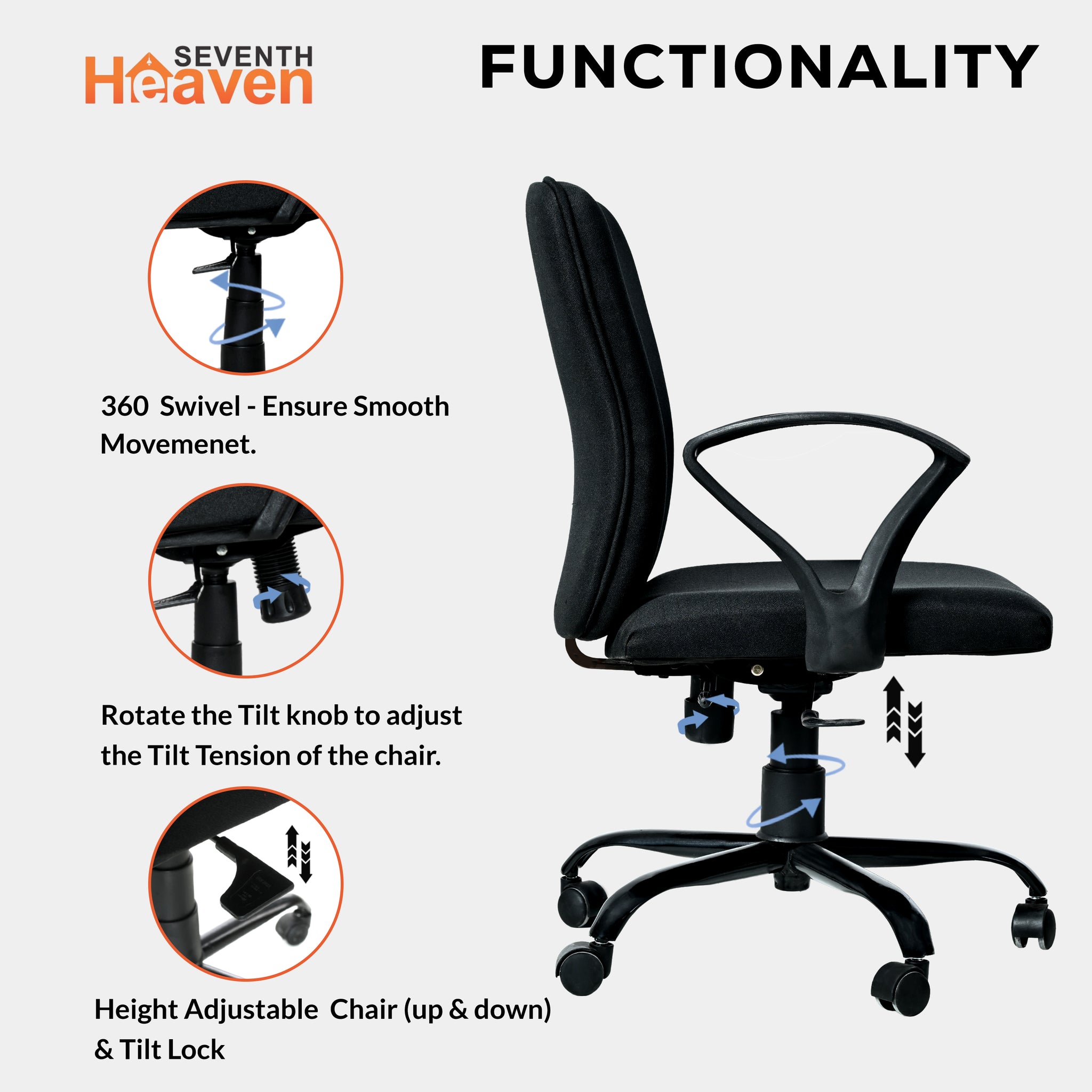 Titan Mid-Back Office Chair – Ergonomic Design with Dual Foam Support  (Black)