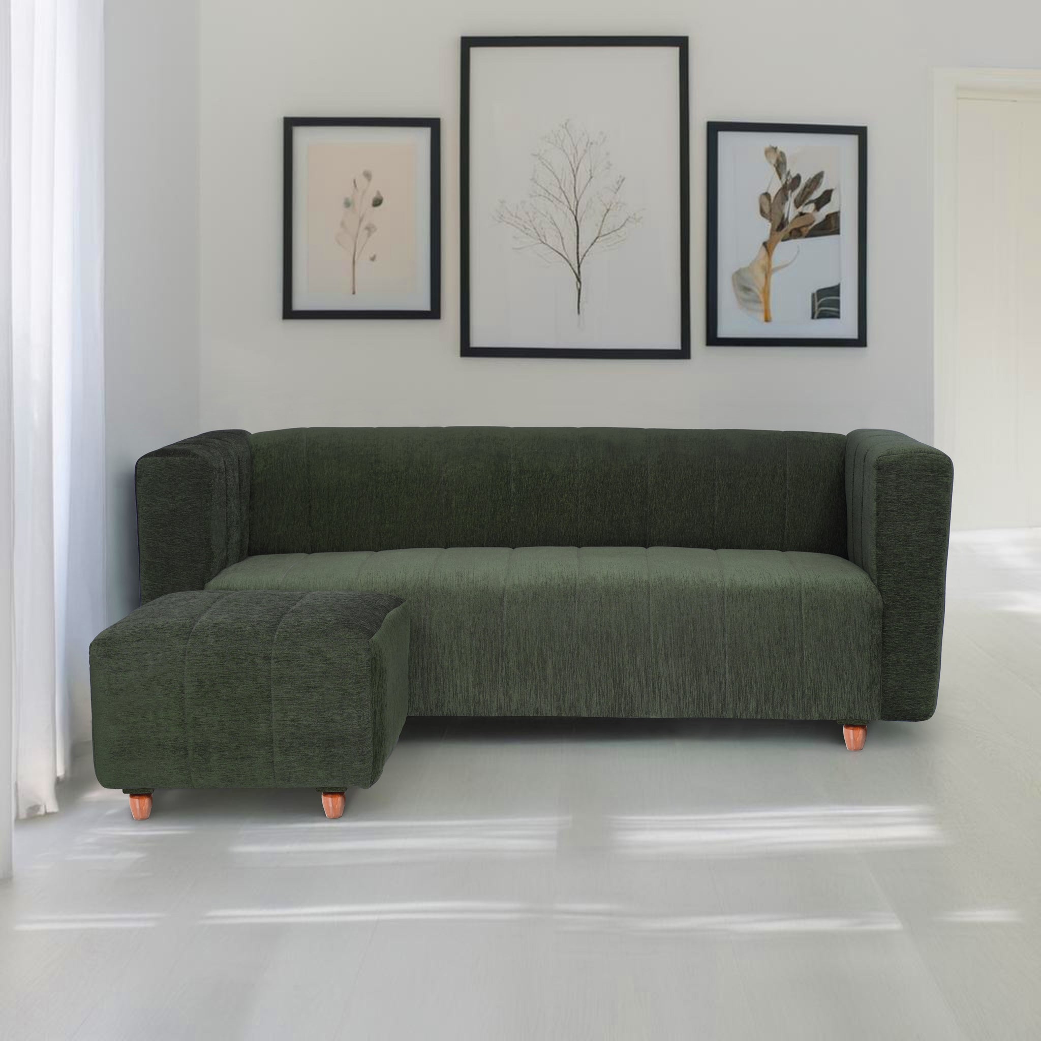 Tokyo 4 Seater Sofa with Ottoman- ( Premium Molfino Fabric- Green )