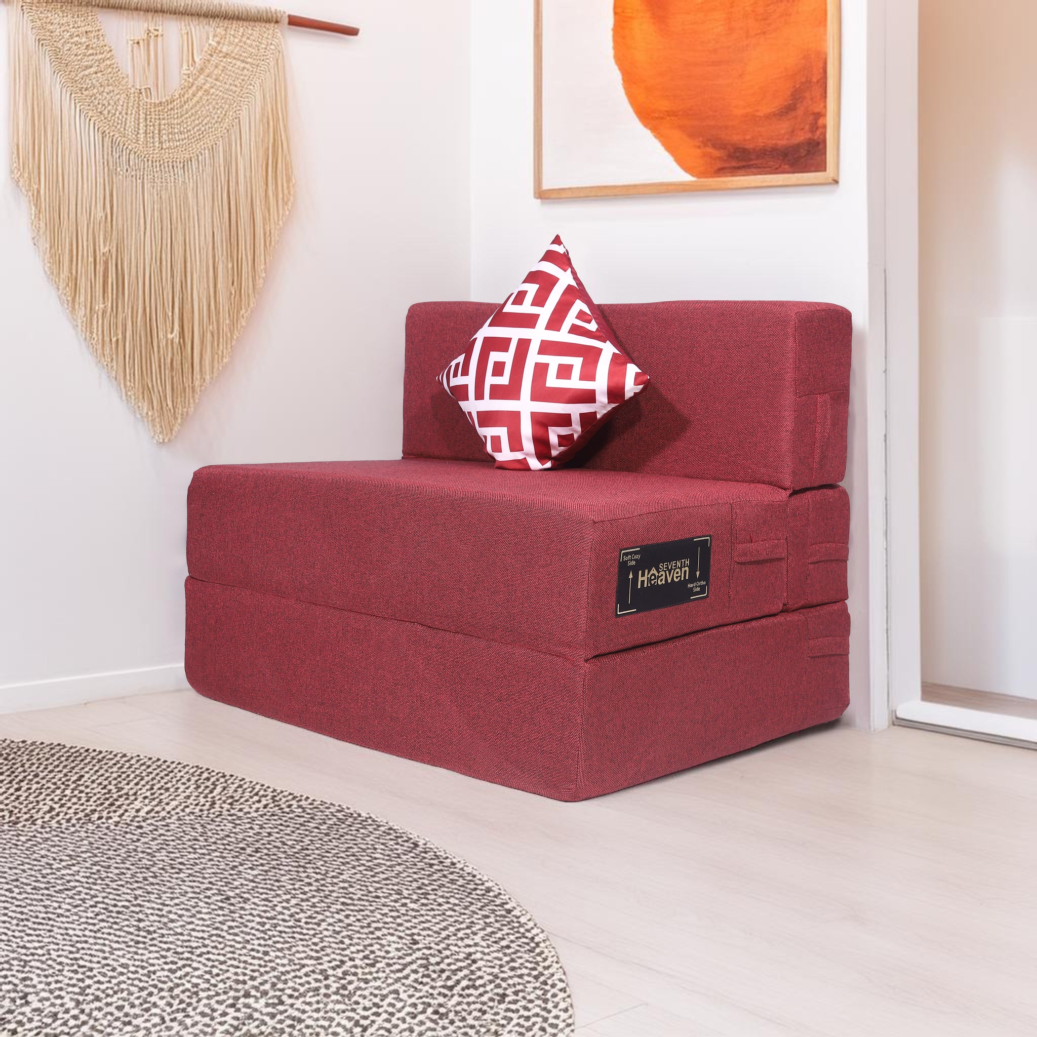 Seventh Heaven 1 Seater 6×3  Premium Jute Fabric Washable Cover Sofa cum Bed 1 Seater Double Foam Fold Out Sofa Cum Bed with 1 Printed Cushion  (Finish Color - Maroon Delivery Condition - Pre-assembled)