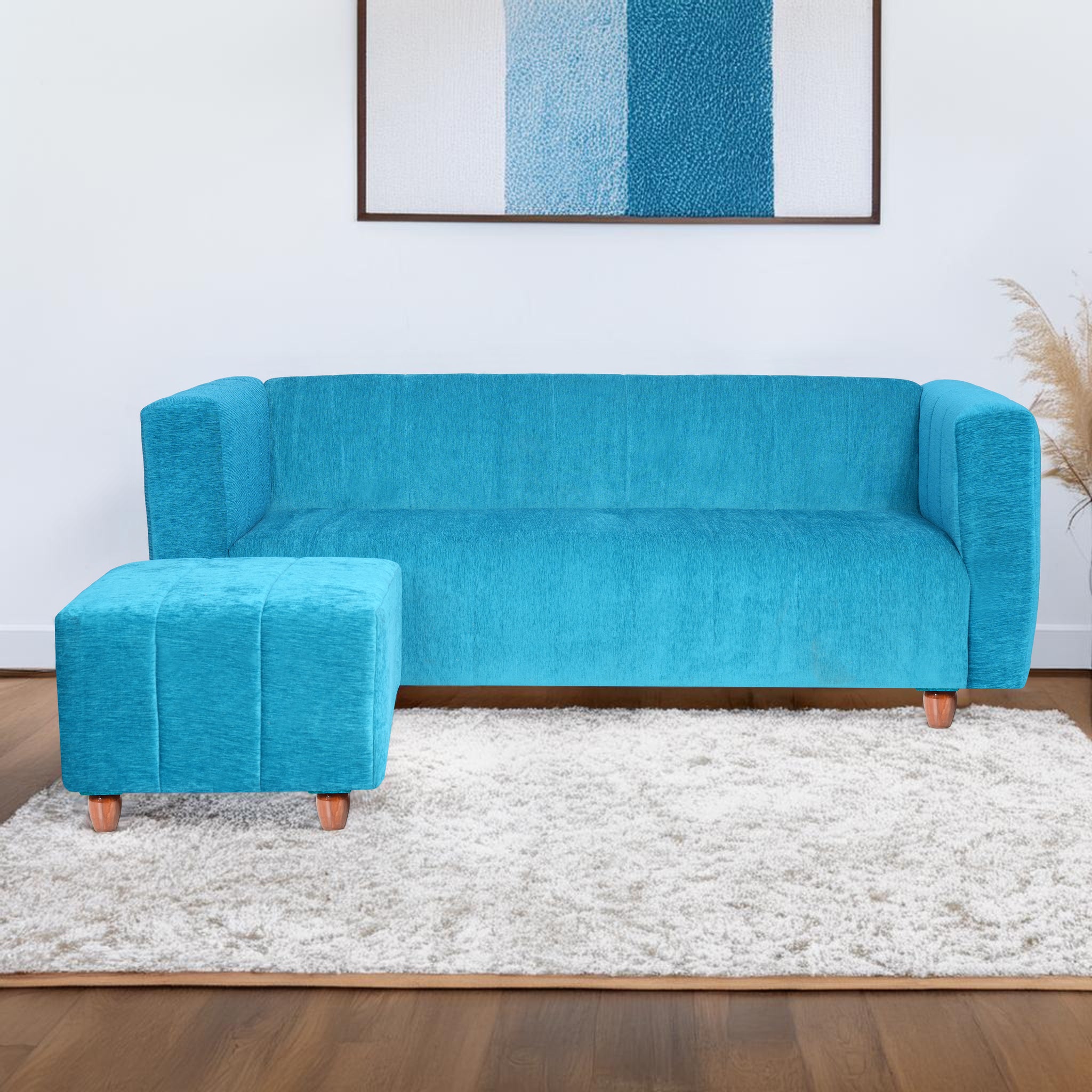 Tokyo 4 Seater Sofa with Ottoman- ( Premium Molfino Fabric- Sky Blue )