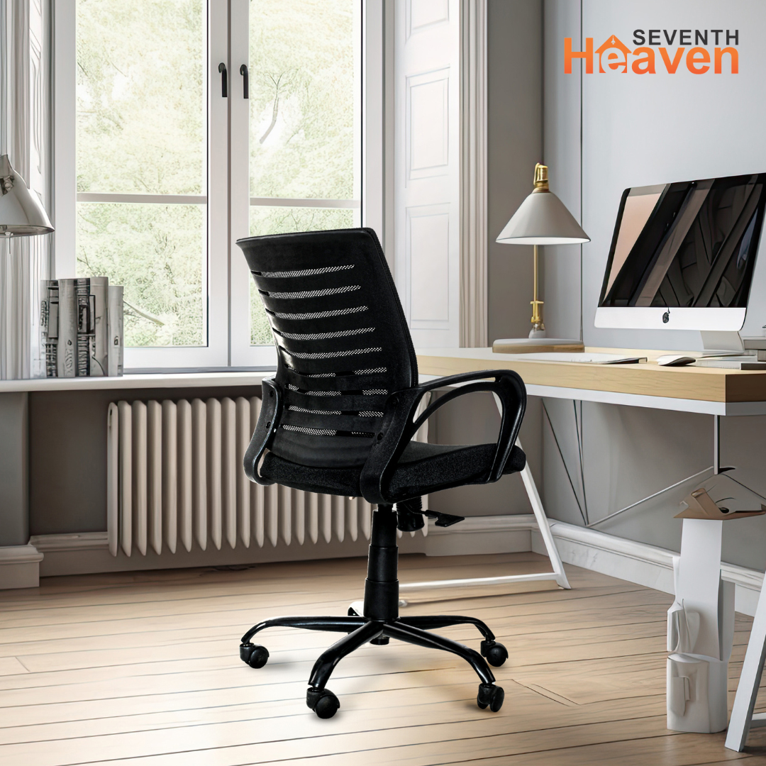 Seventh Heaven Blaze Mid Back c Office Chair for Work from Home | Study Chair | Revolving Chair | Computer Chair : 3 years warranty ( Heavy Duty Powder Coated Metal Base, Black )