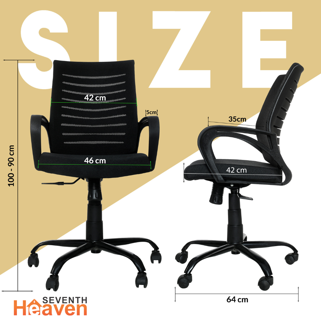 Seventh Heaven Blaze Mid Back c Office Chair for Work from Home | Study Chair | Revolving Chair | Computer Chair : 3 years warranty ( Heavy Duty Powder Coated Metal Base, Black )