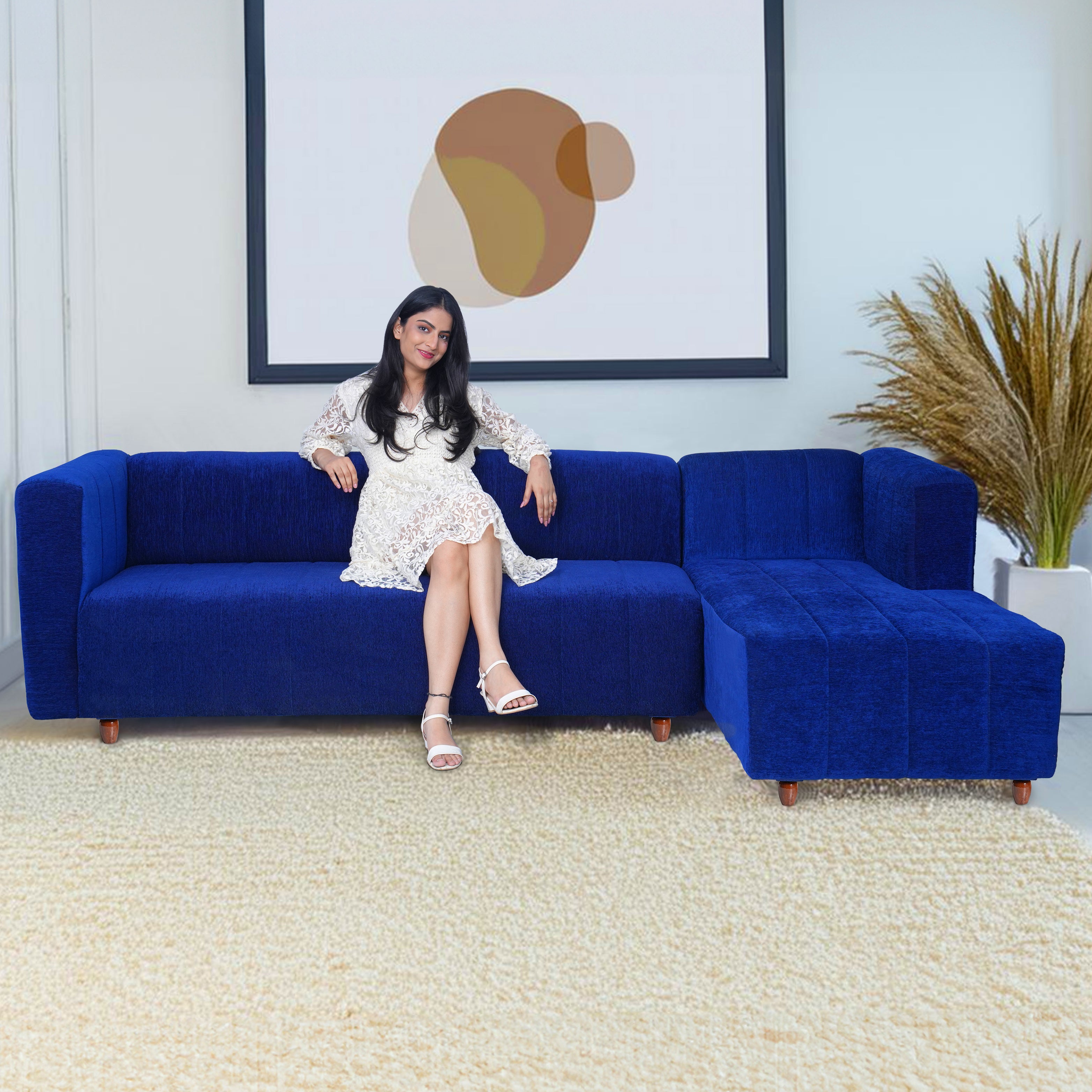 Tokyo 6 Seater Sofa Right Corner- ( Premium Molfino Fabric- Blue )
