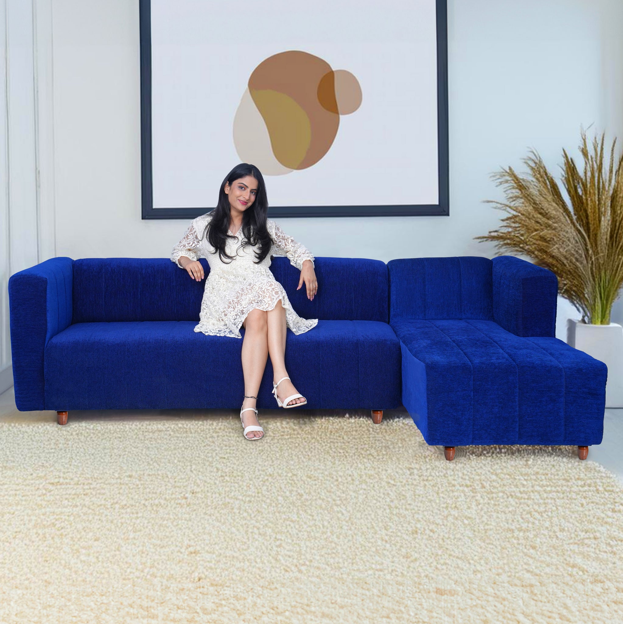 Tokyo 6 Seater Sofa Right Corner- ( Premium Molfino Fabric- Blue )