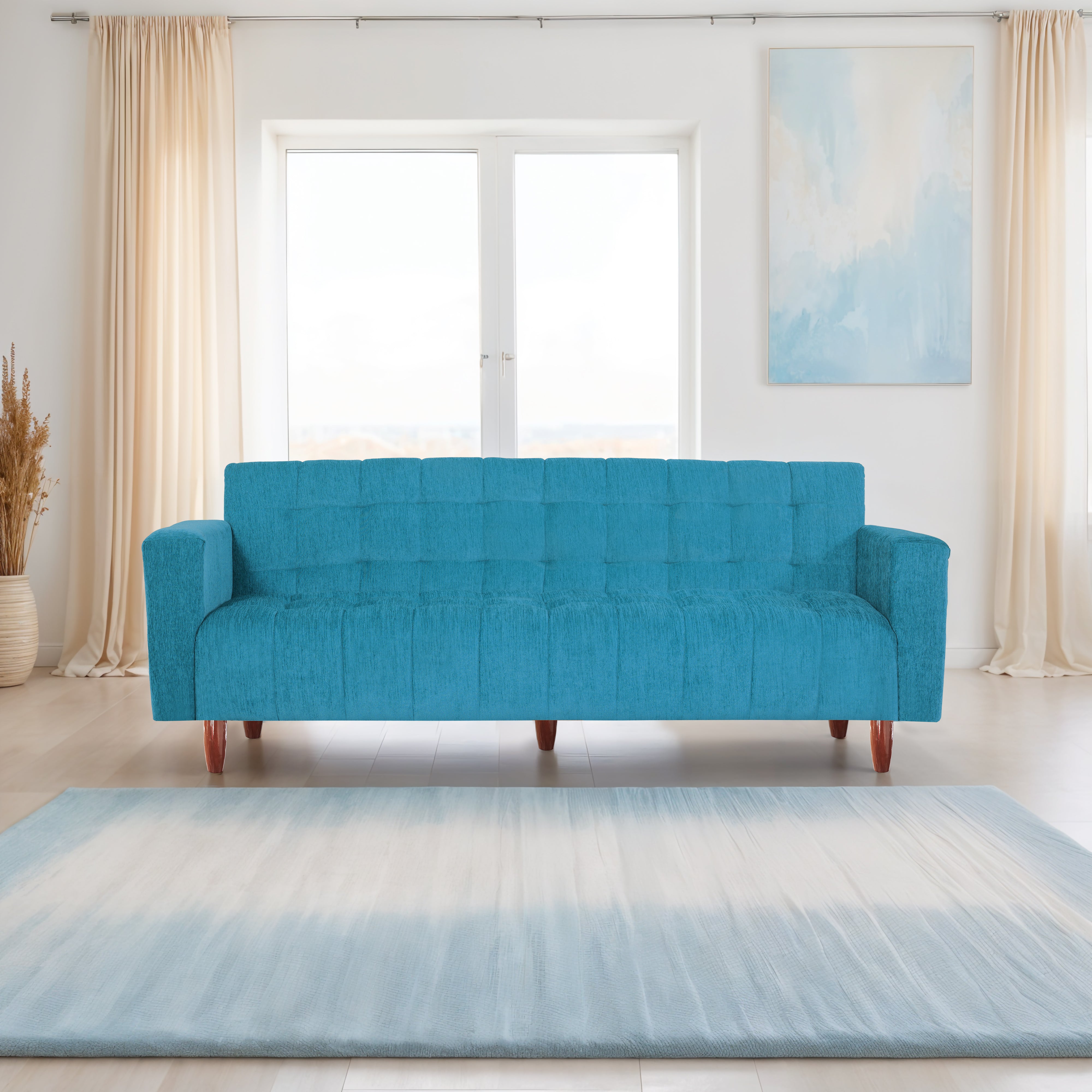 Lisbon Neo 4 Seater Wooden Sofa Cum Bed - ( Premium Molfino Fabric- Sky Blue )