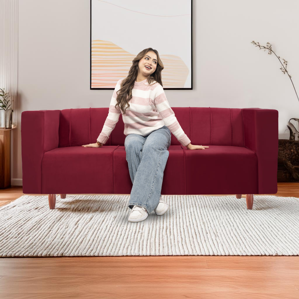 Sydney 3 Seater Sofa- ( Plush Suede Fabric- Maroon )