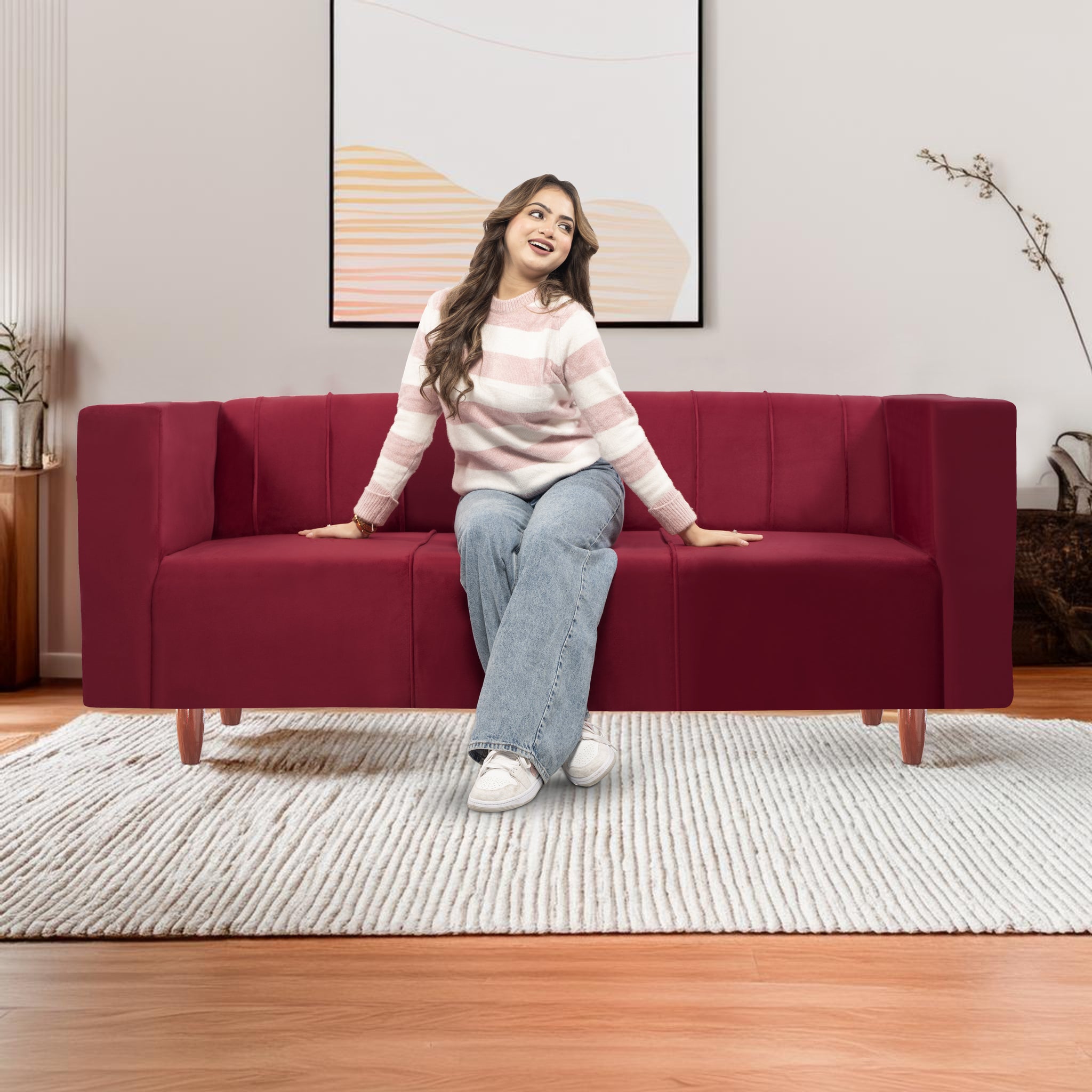 Sydney 3 Seater Sofa- ( Plush Suede Fabric- Maroon )