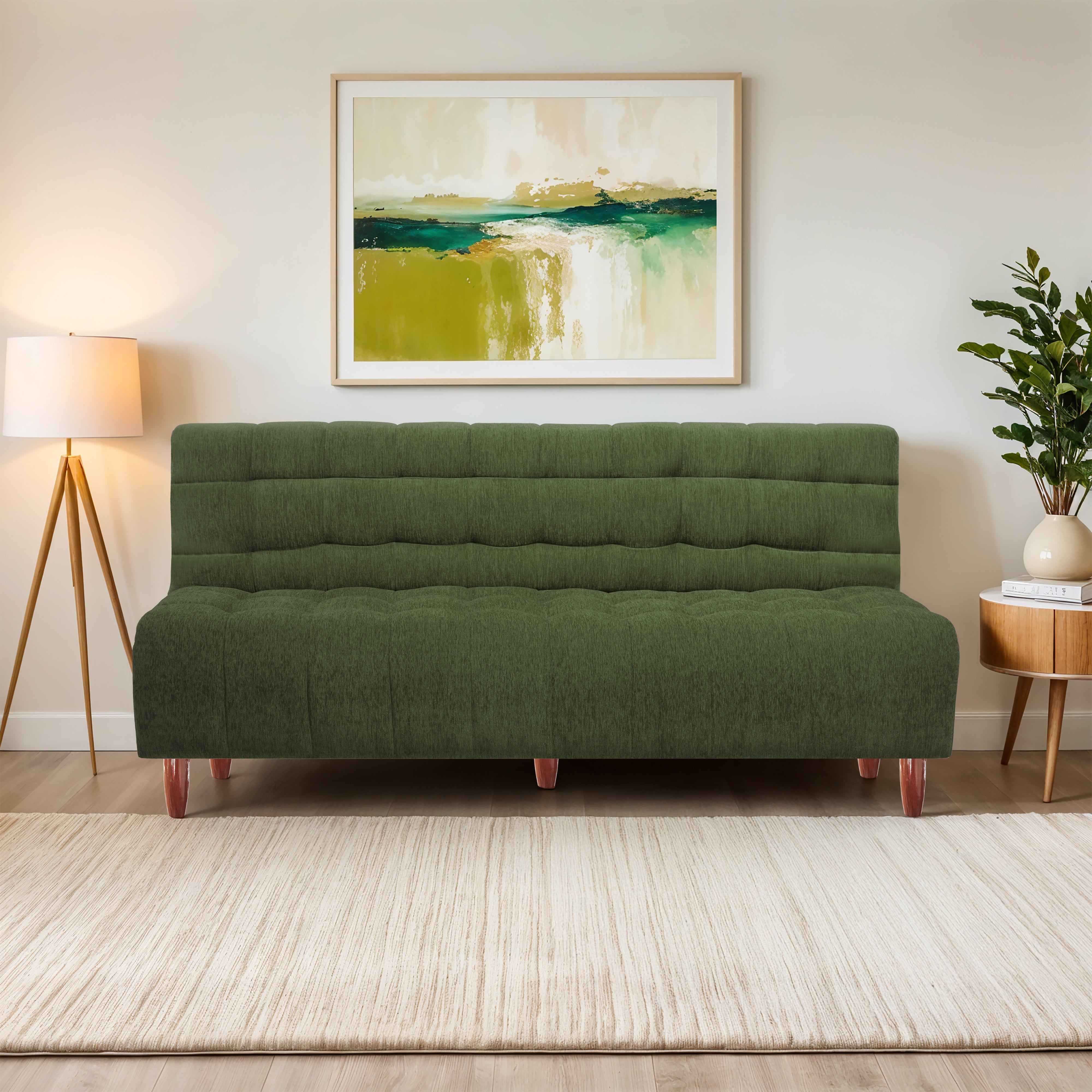 Florida Neo 3 Seater Wooden Sofa Cum Bed - ( Premium Molfino Fabric- Green )