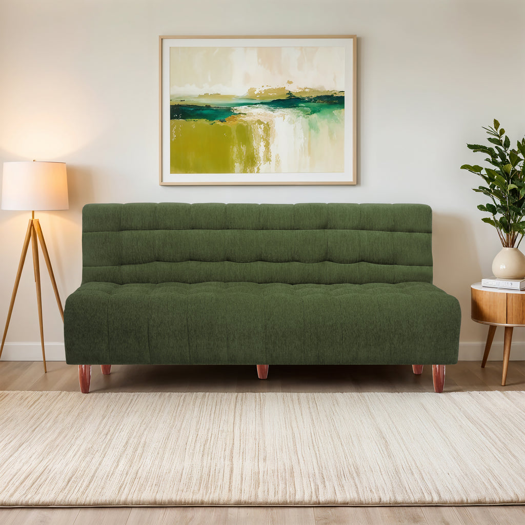 Florida Neo 3 Seater Wooden Sofa Cum Bed - ( Premium Molfino Fabric- Green )