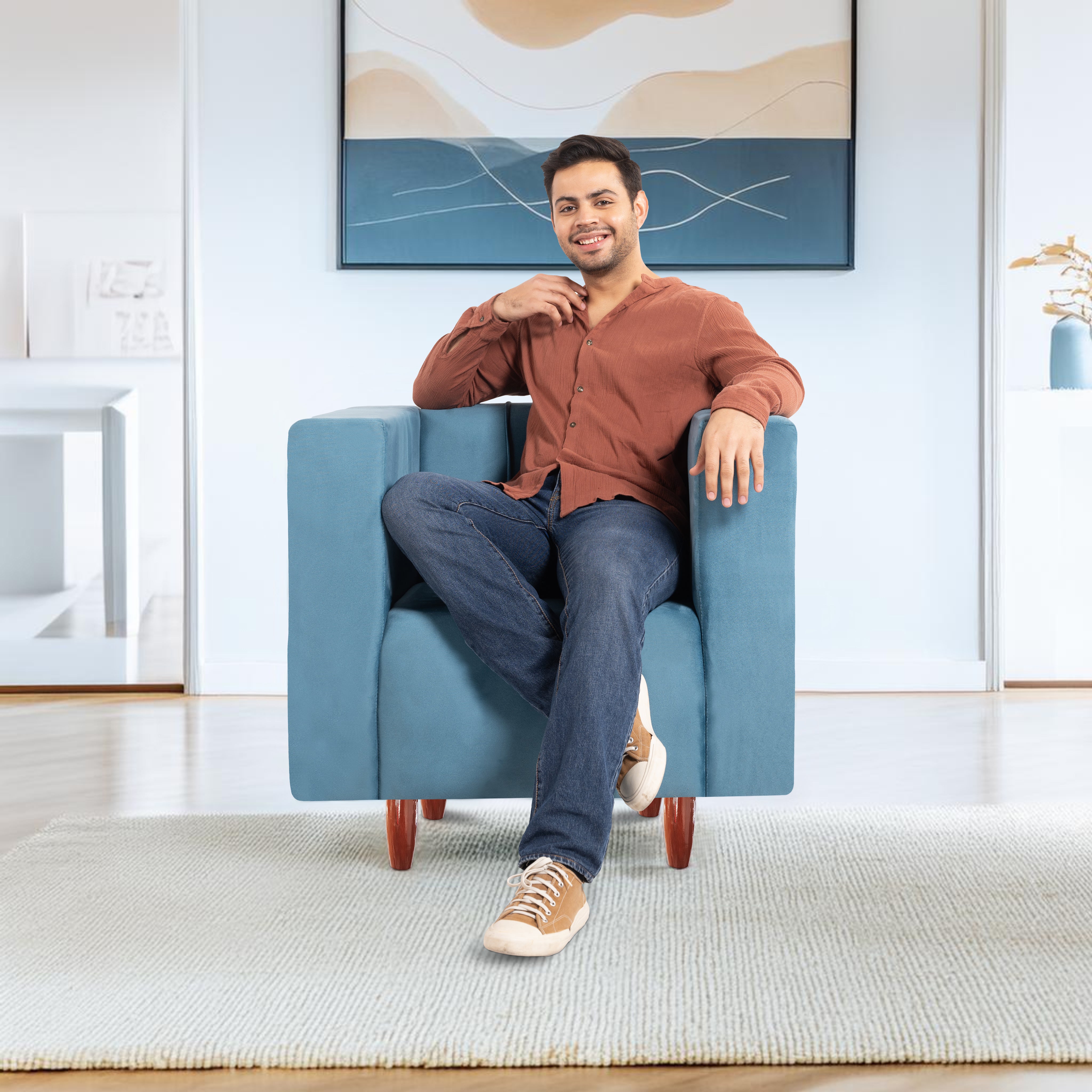 Sydney 1 Seater Sofa- ( Premium Holland Fabric- Sky Blue )