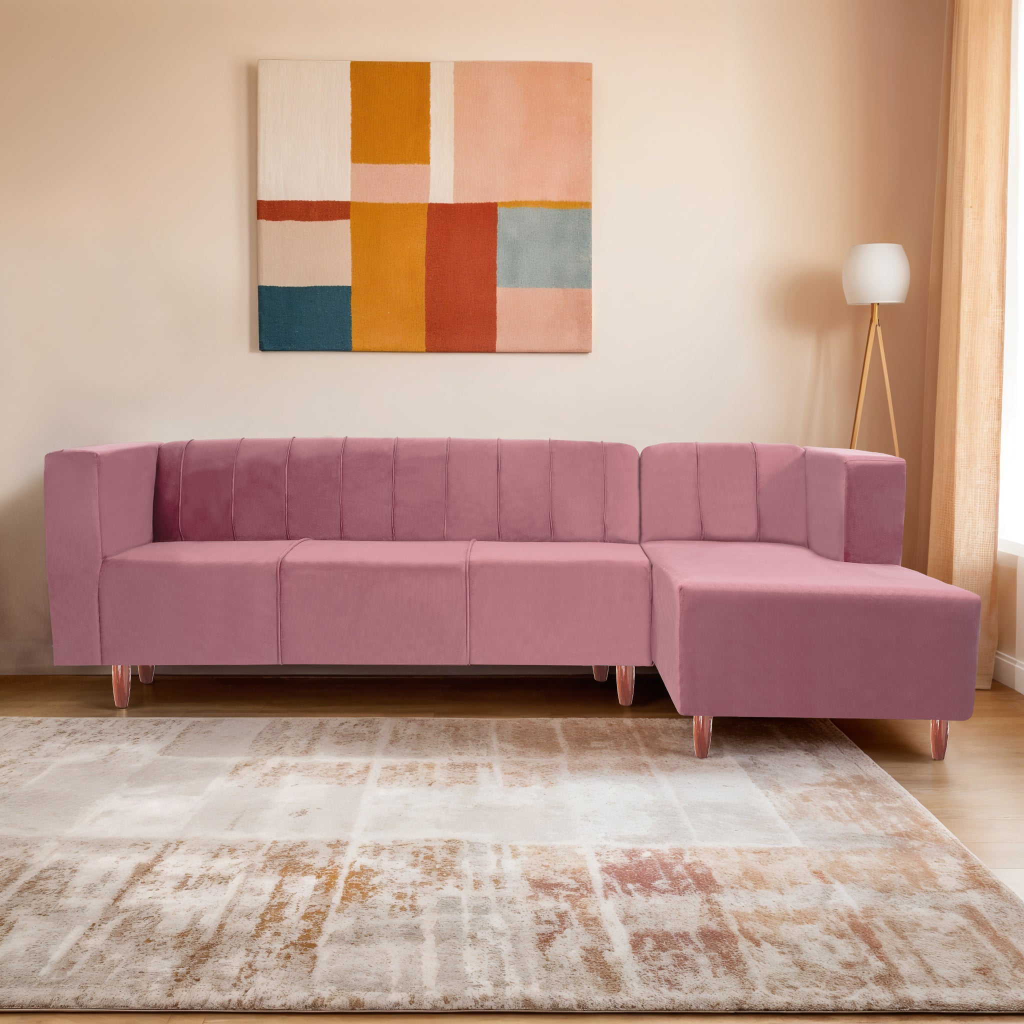 Sydney 6 Seater Sofa Right Corner- ( Polyster Holland Fabric- Peach )