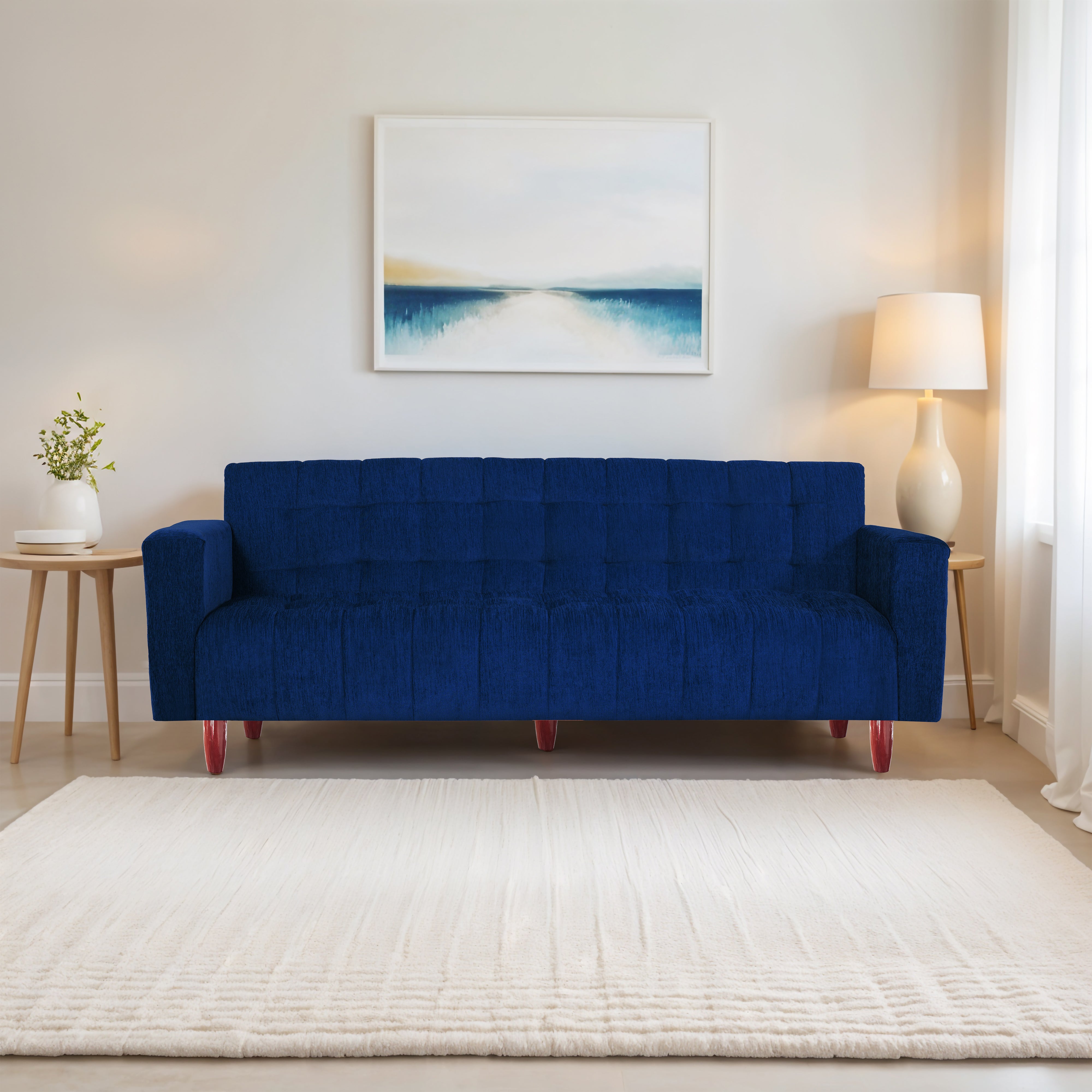 Lisbon Neo 3 Seater Wooden Sofa Cum Bed - ( Premium Molfino Fabric- Blue )