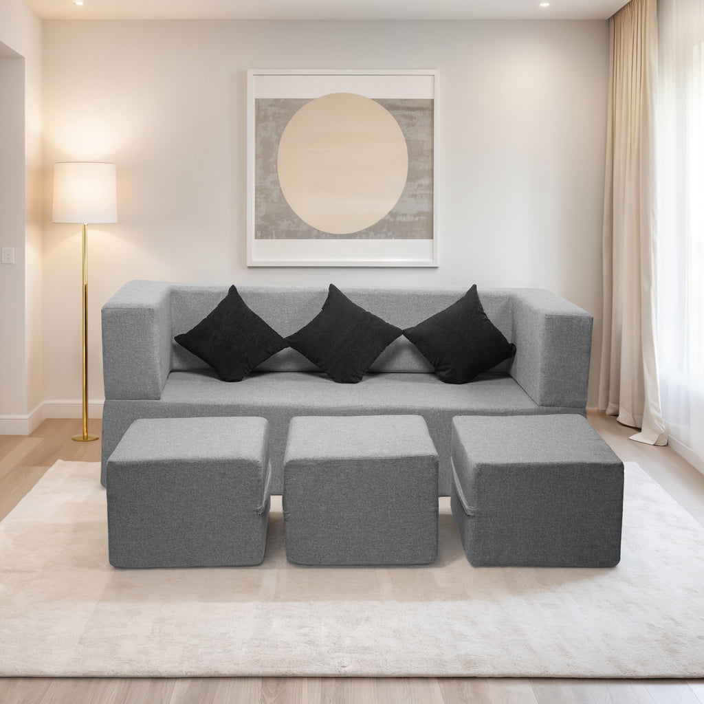 Flipper X Sofa Cum Bed - 3 Seater With 3 Ottoman - Plain Cushions ( Jute Fabric, Light Grey )