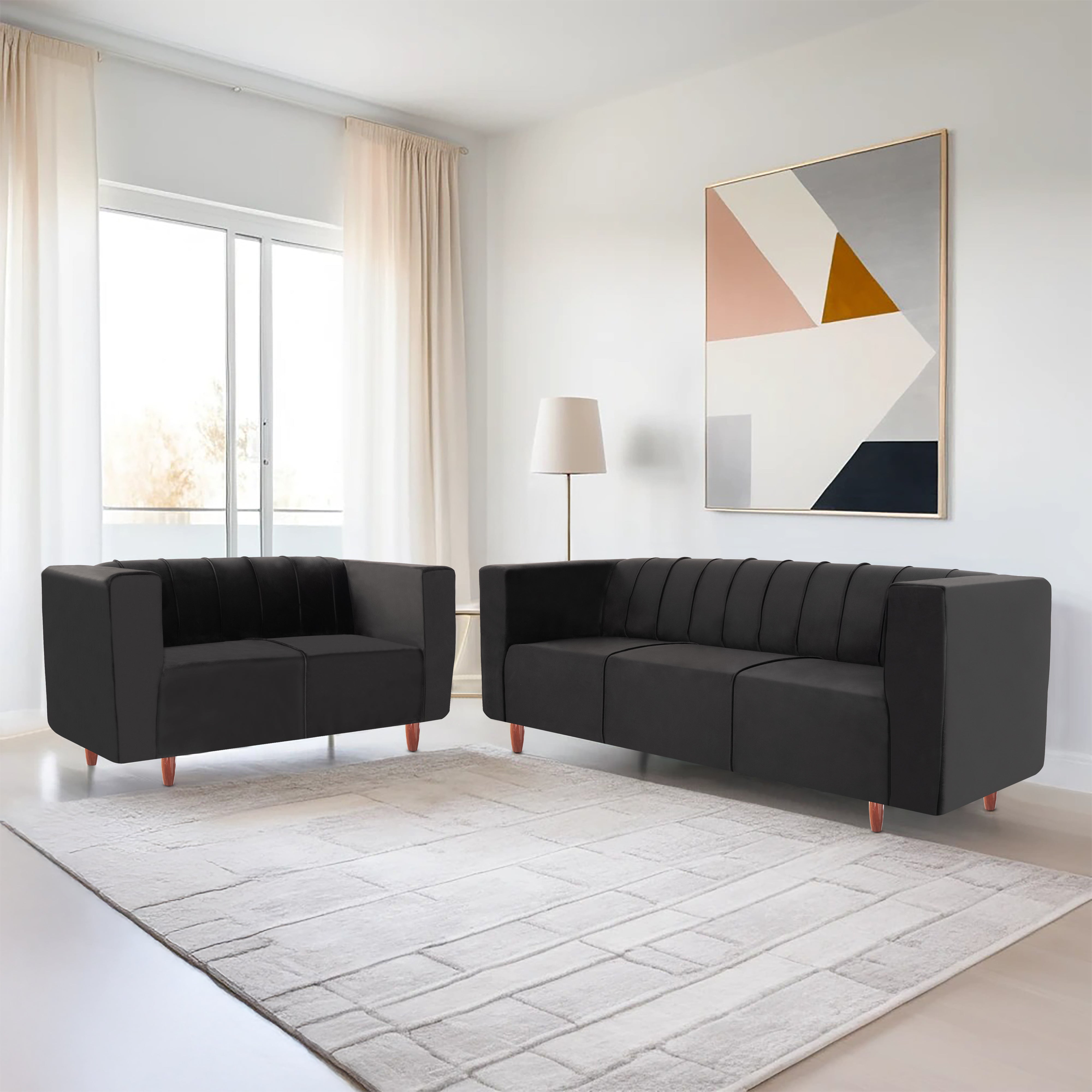 Sydney 5 Seater Sofa- (3+2) ( Premium Holland Fabric - Black)