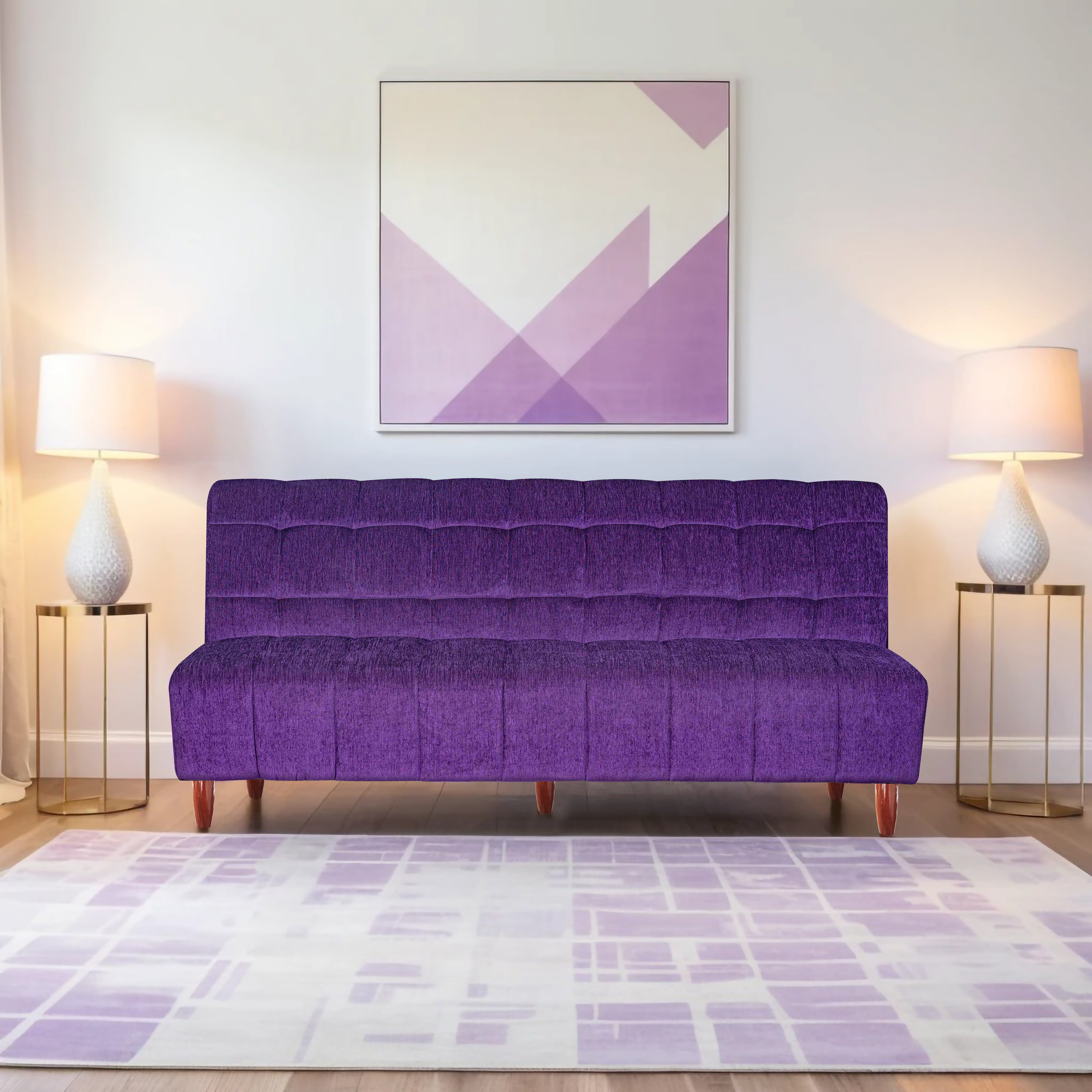 Florida 4 Seater Wooden Sofa Cum Bed - ( Premium Molfino Fabric- Purple)