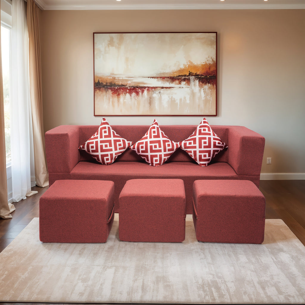Flipper X Sofa Cum Bed - 3 Seater With 3 Ottoman - Printed Cushions ( Jute Fabric, Maroon )