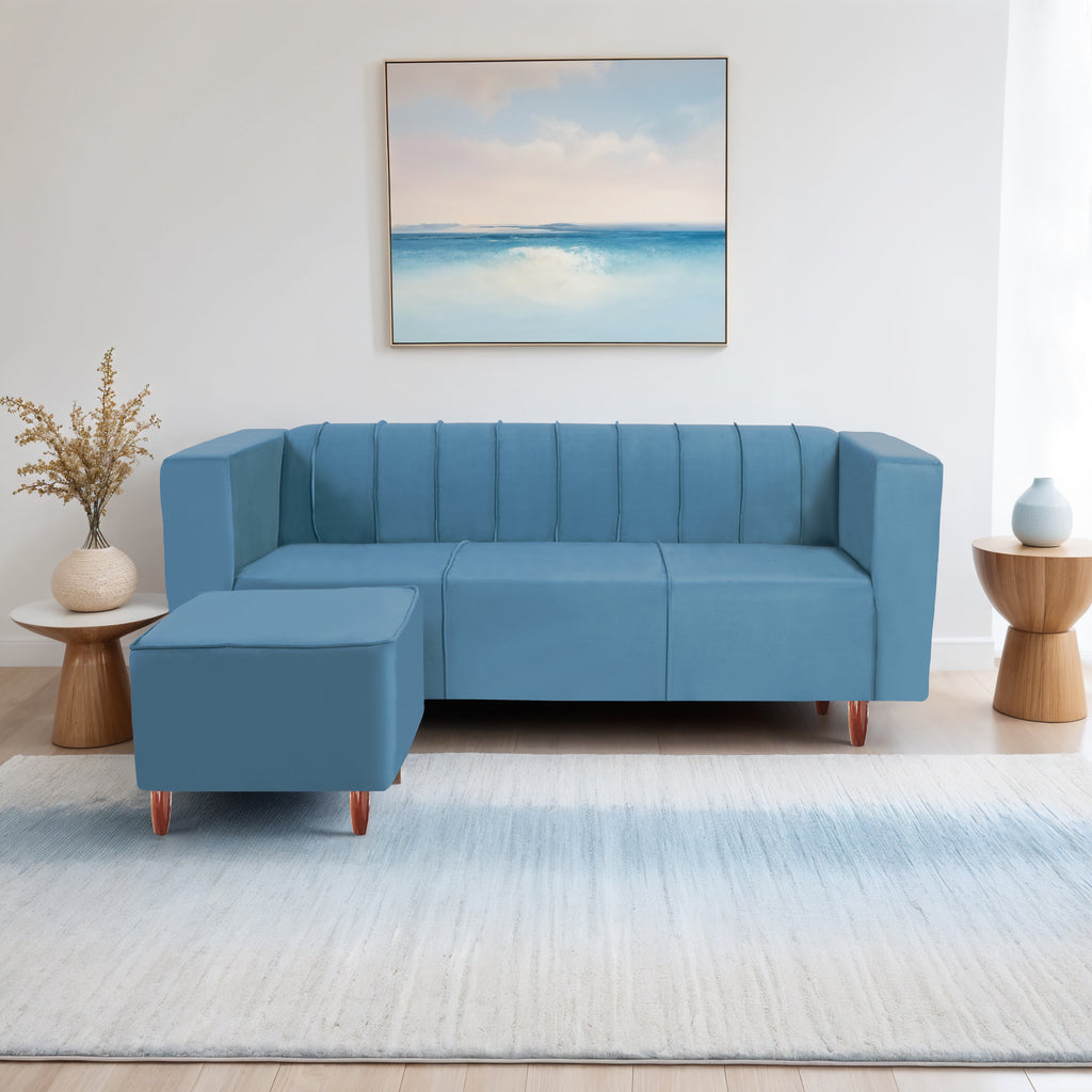 Sydney 4 Seater Sofa with Ottoman- ( Premium Holland Fabric- Sky Blue )