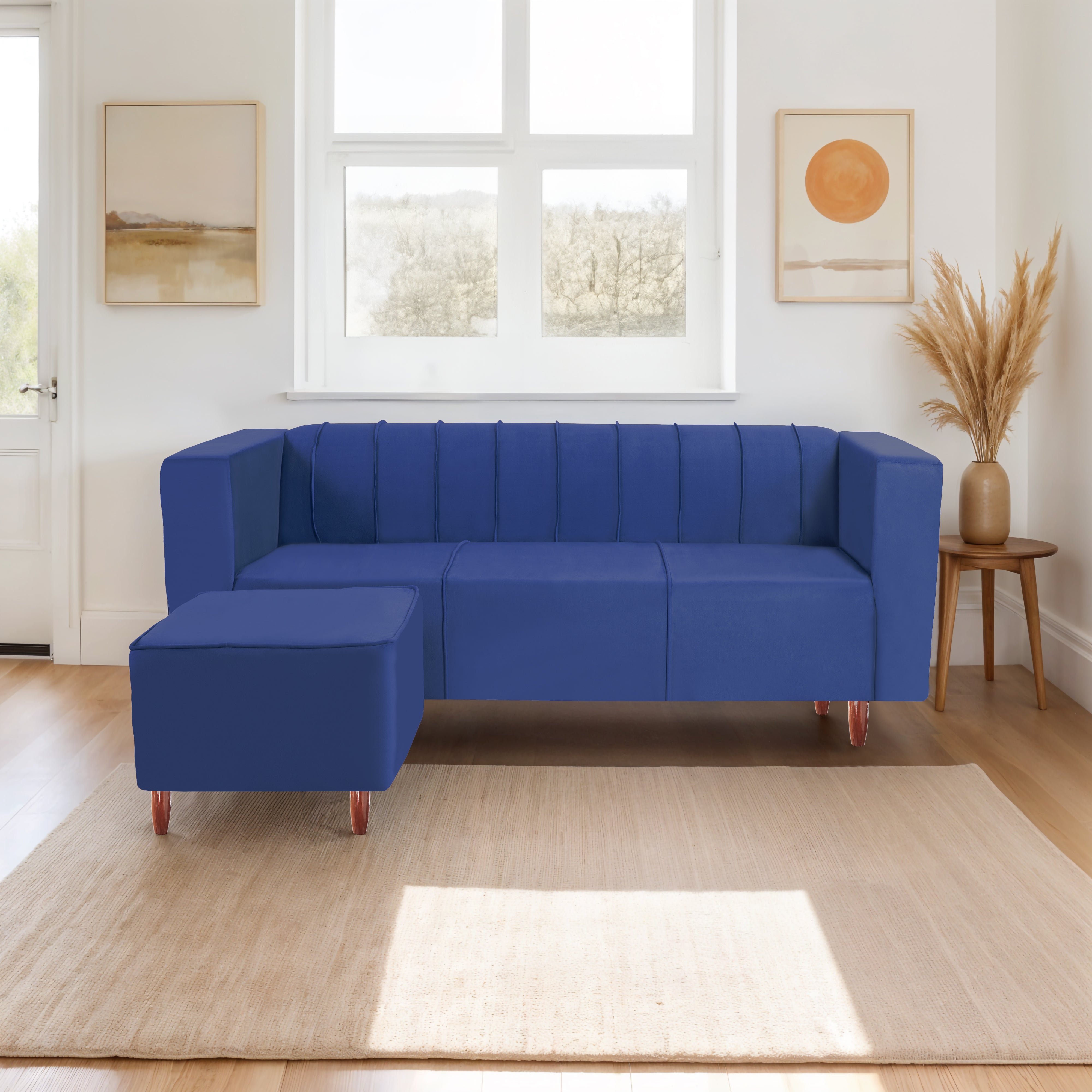 Sydney 4 Seater Sofa with Ottoman- ( Premium Holland Fabric- Blue )
