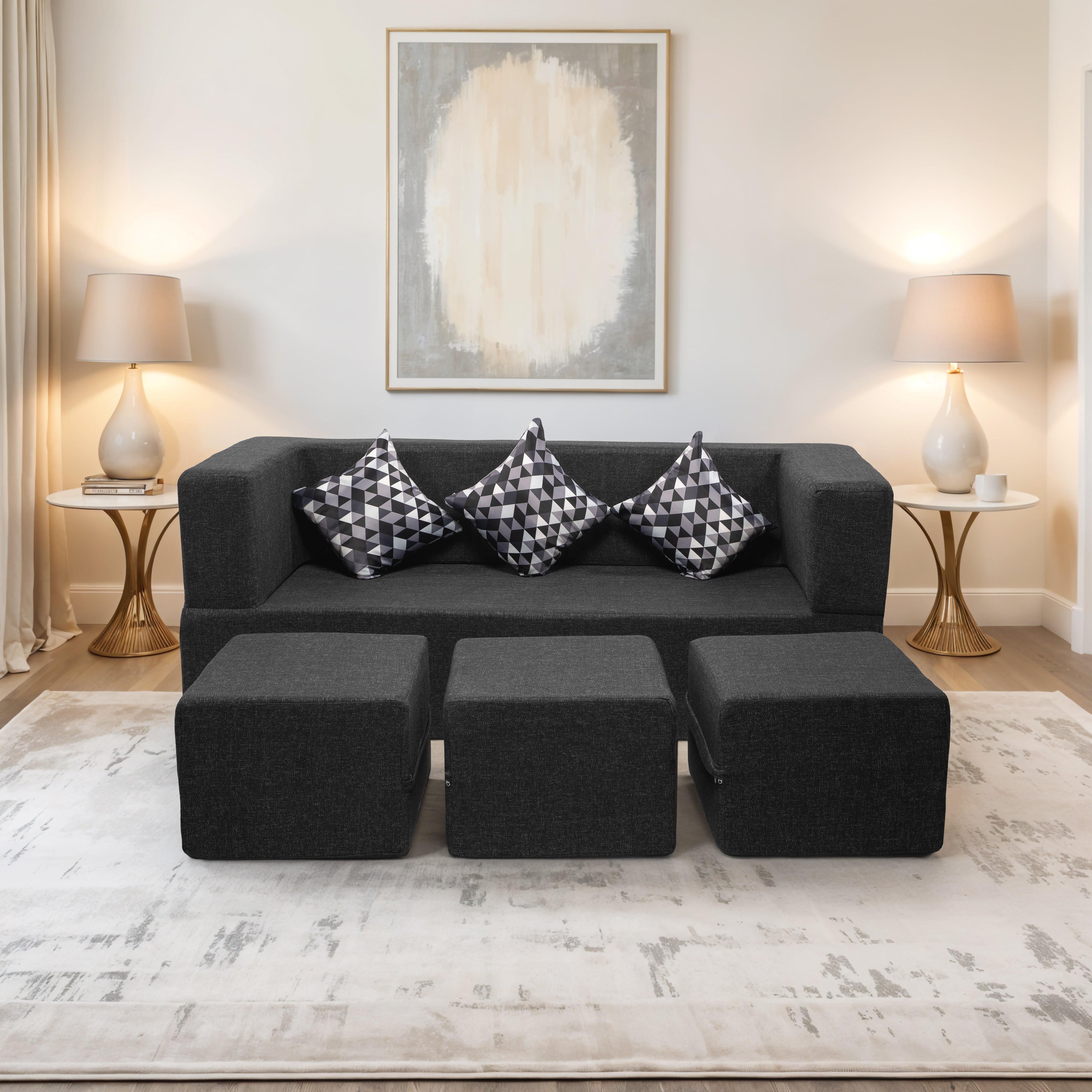 Flipper X Sofa Cum Bed - 3 Seater With 3 Ottoman - Printed Cushions ( Jute Fabric, Dark Grey )