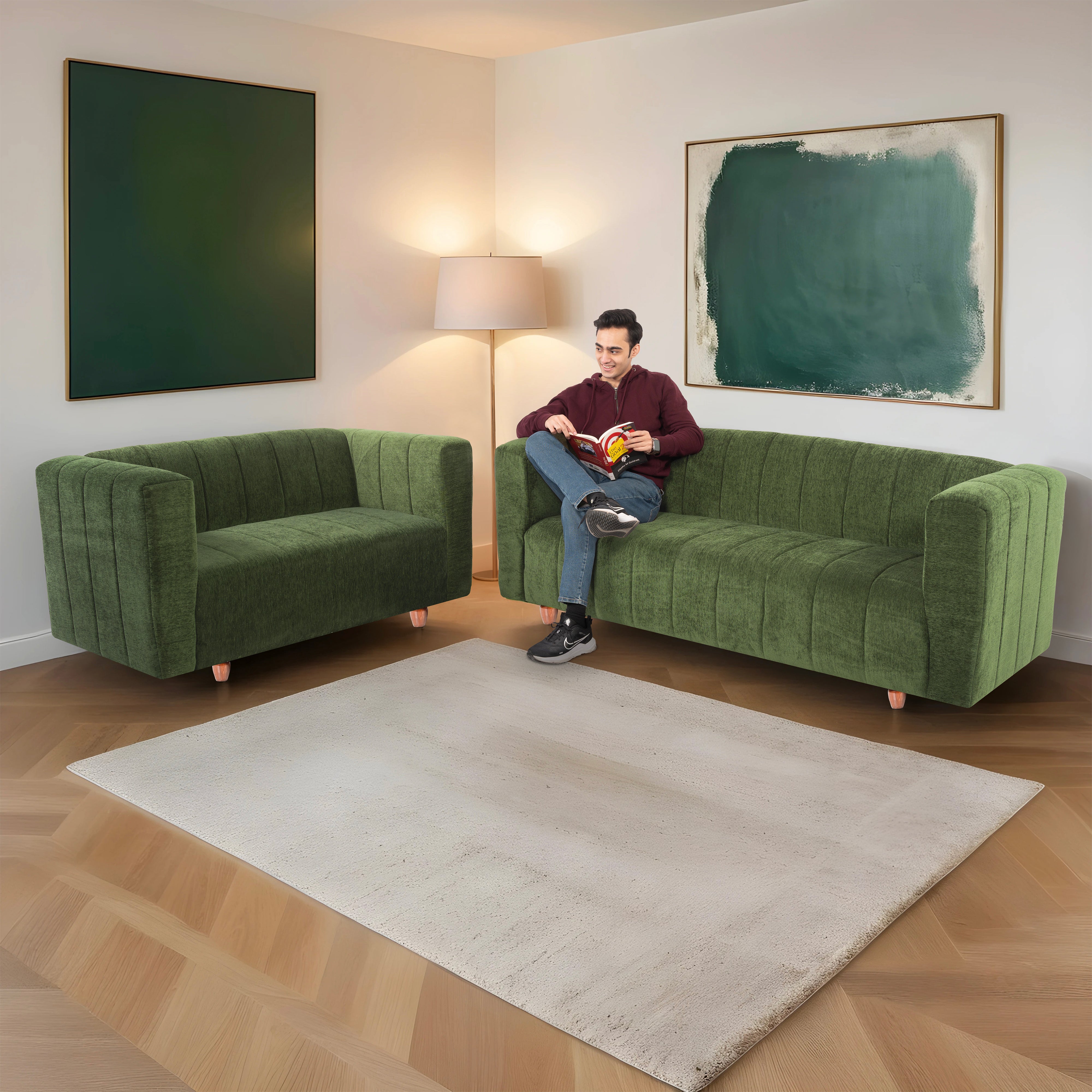Tokyo 5 Seater Sofa- (3+2) ( Premium Molfino Fabric - Green)