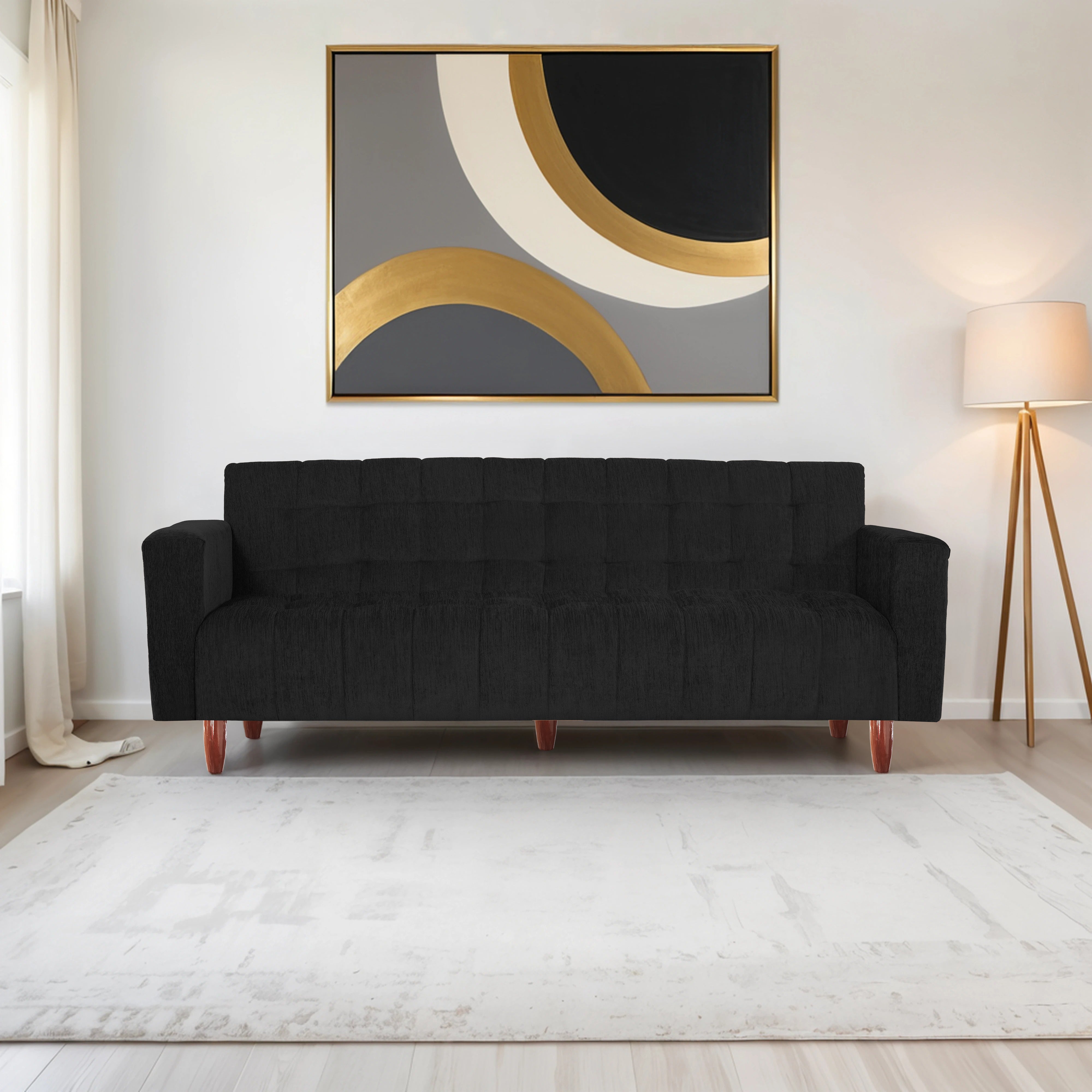 Lisbon Neo 4 Seater Wooden Sofa Cum Bed - ( Premium Molfino Fabric- Black )