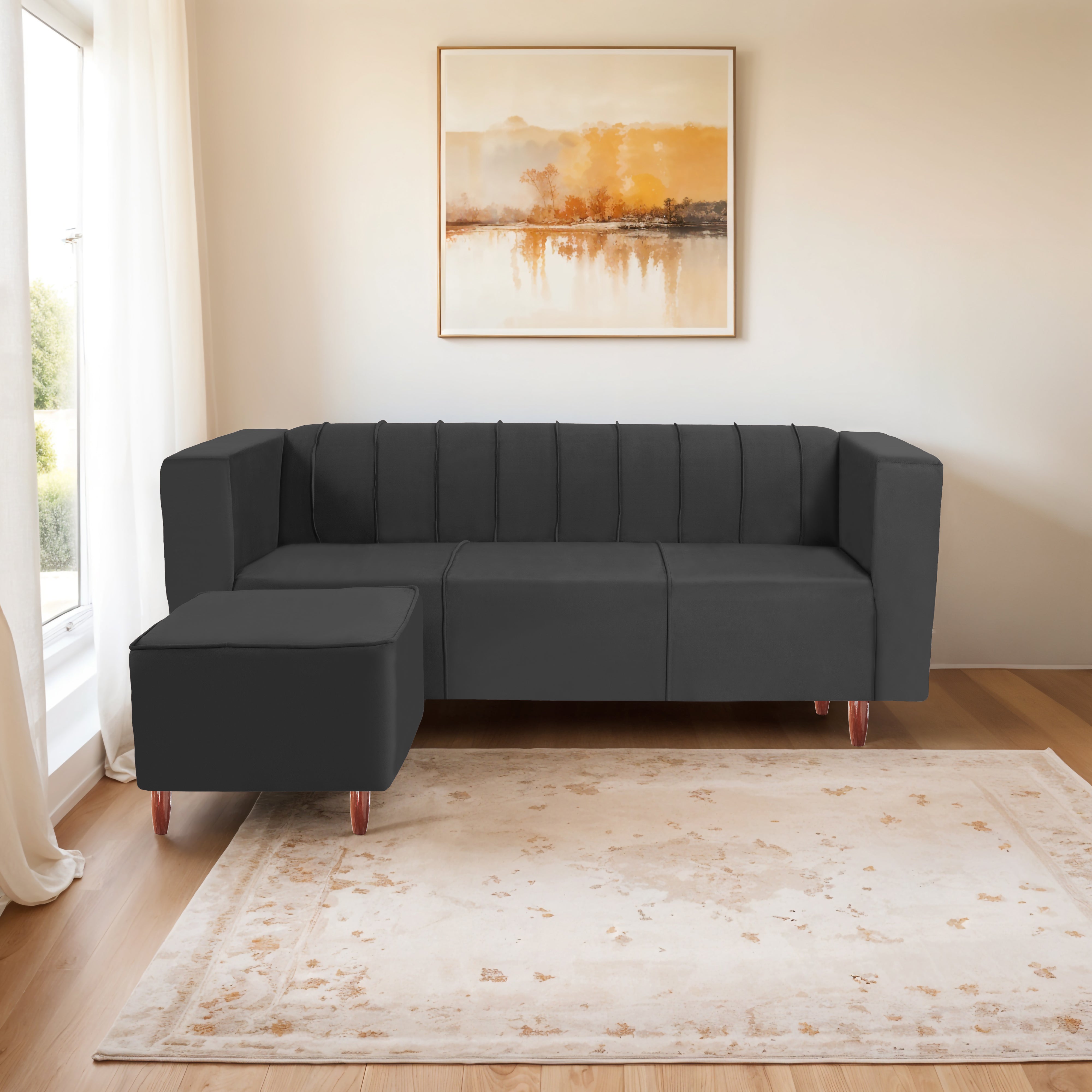 Sydney 4 Seater Sofa with Ottoman- ( Premium Holland Fabric- Black )