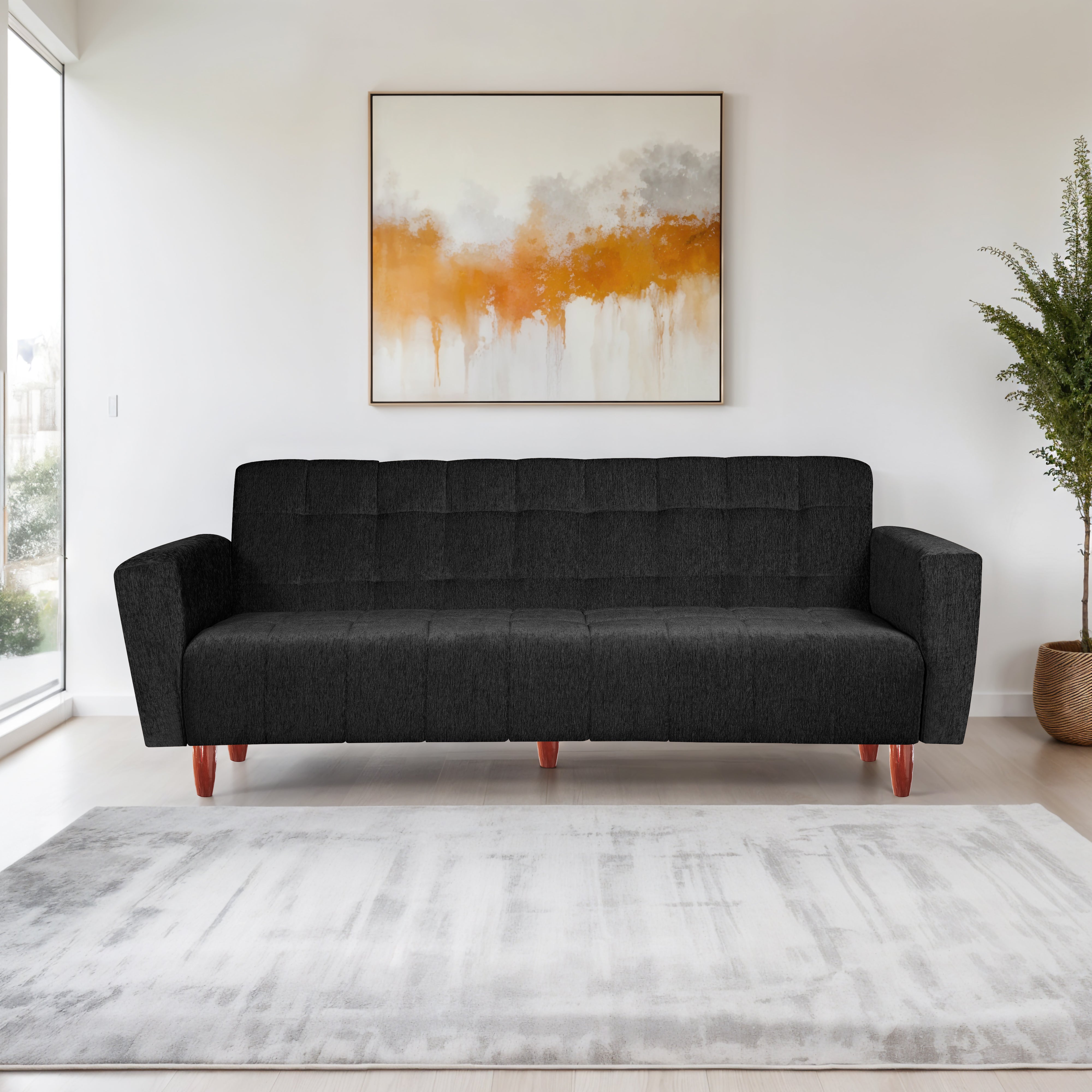 Lisbon 3 Seater Wooden Sofa Cum Bed - ( Premium Molfino Fabric- Black )