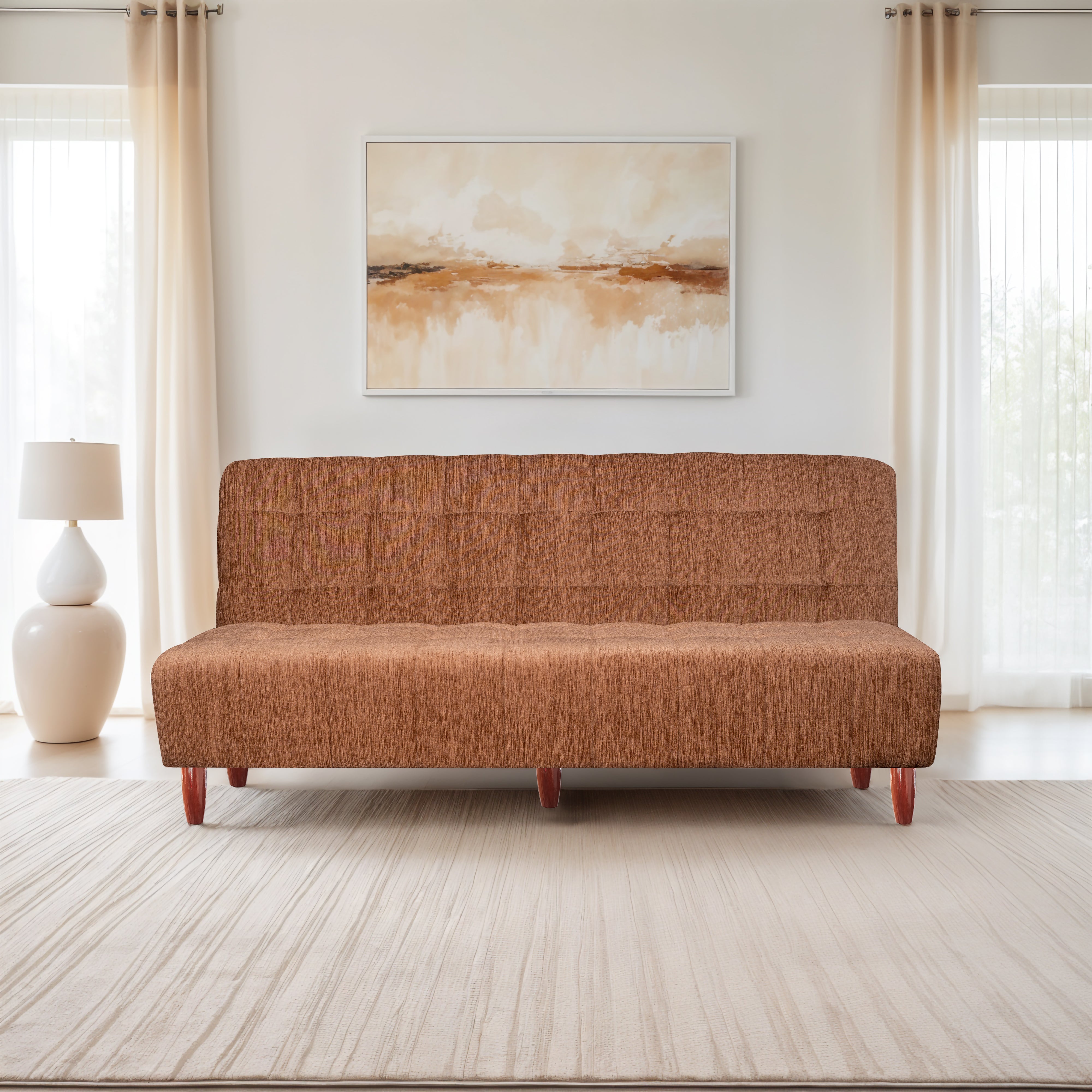 Florida 3 Seater Wooden Sofa Cum Bed - ( Premium Molfino Fabric- Beige )