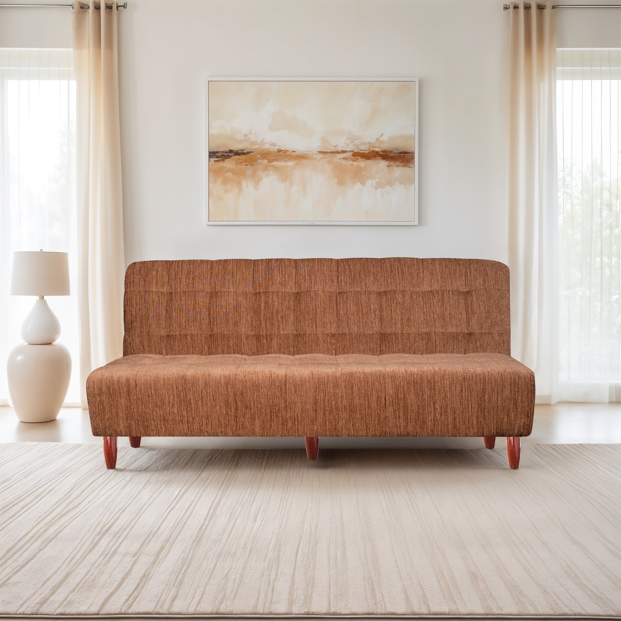 Florida 3 Seater Wooden Sofa Cum Bed - ( Premium Molfino Fabric- Beige )