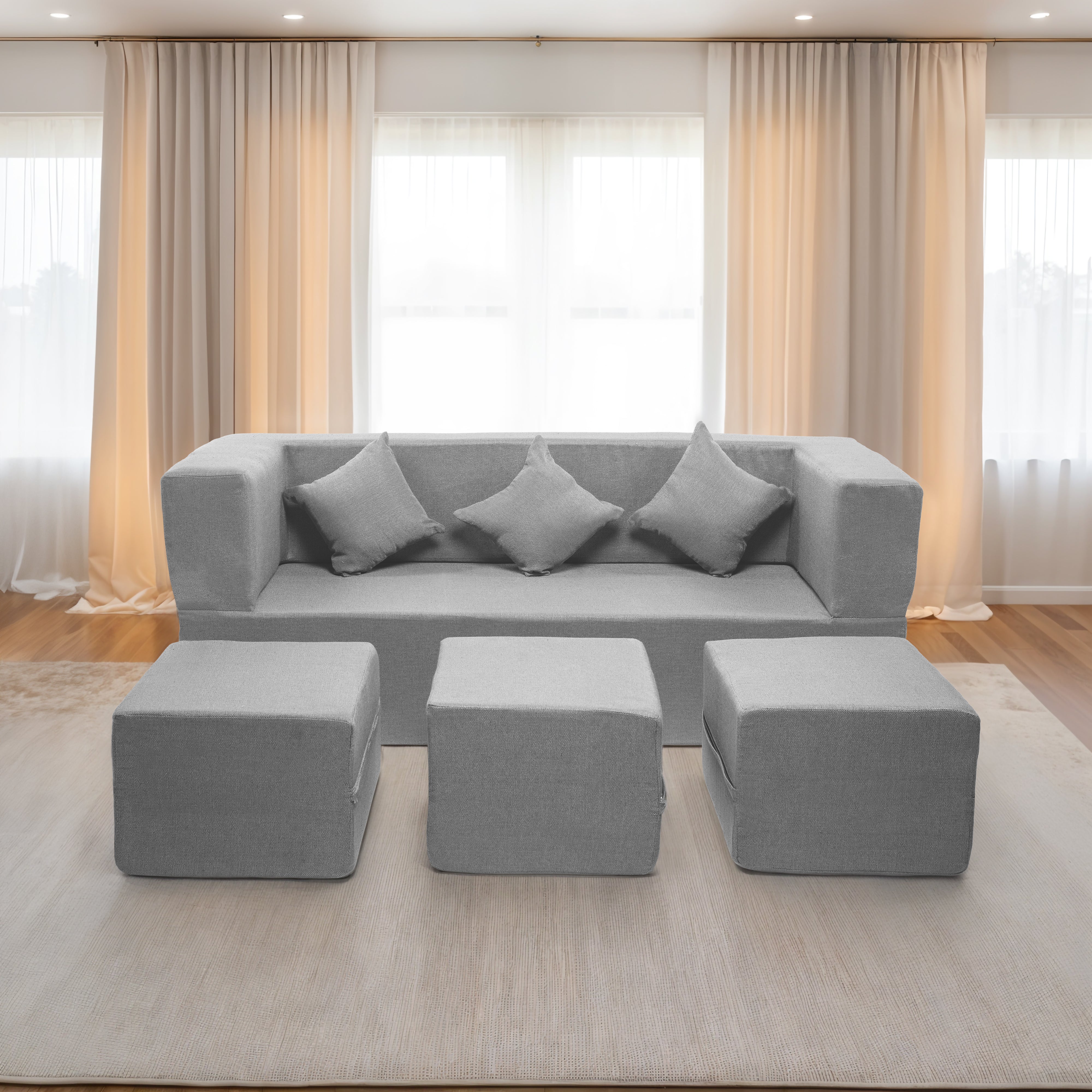 Flipper X Sofa Cum Bed - 3 Seater With 3 Ottoman - Plain Cushion (Jute Fabric, Light Grey )
