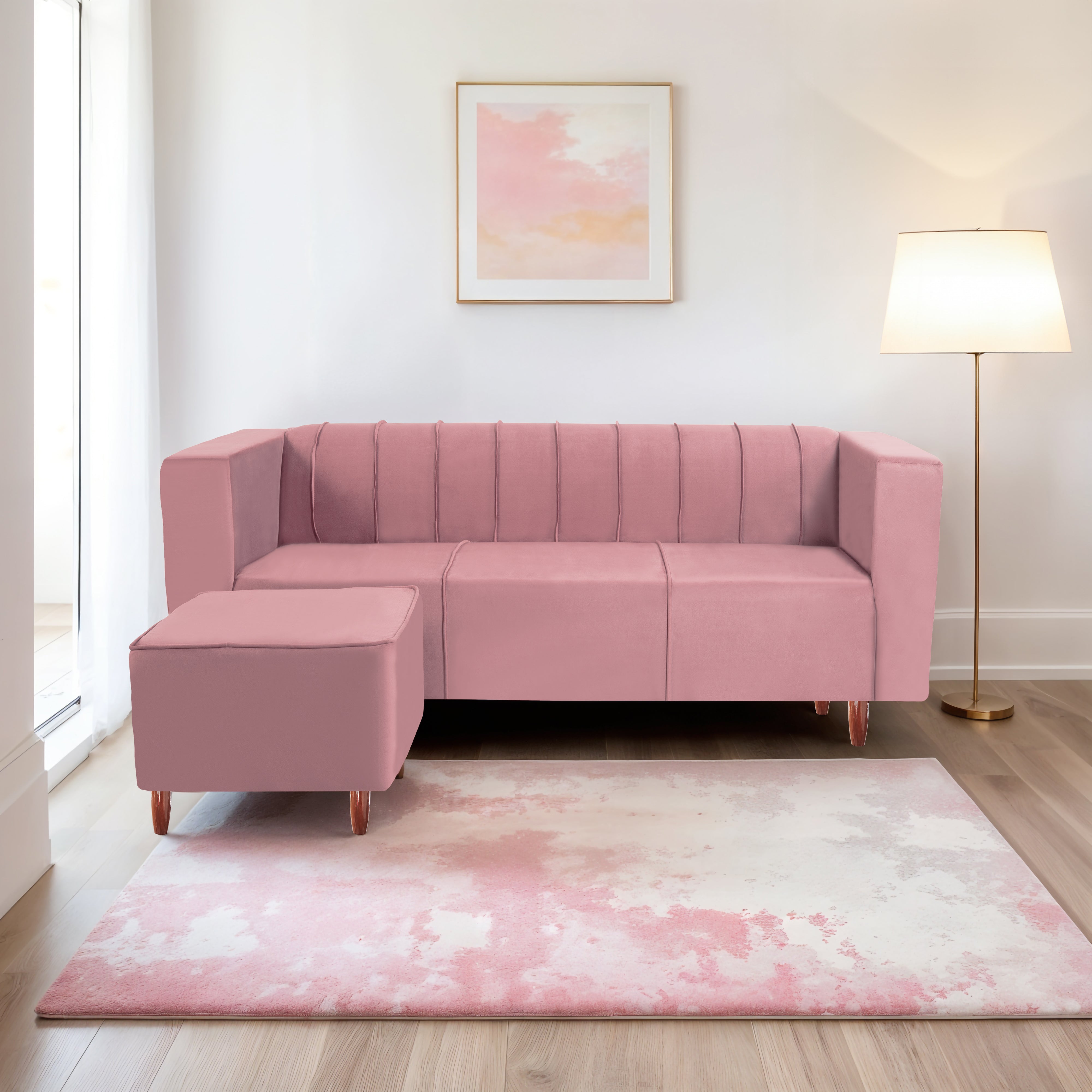 Sydney 4 Seater Sofa with Ottoman- ( Premium Holland Fabric- Peach )