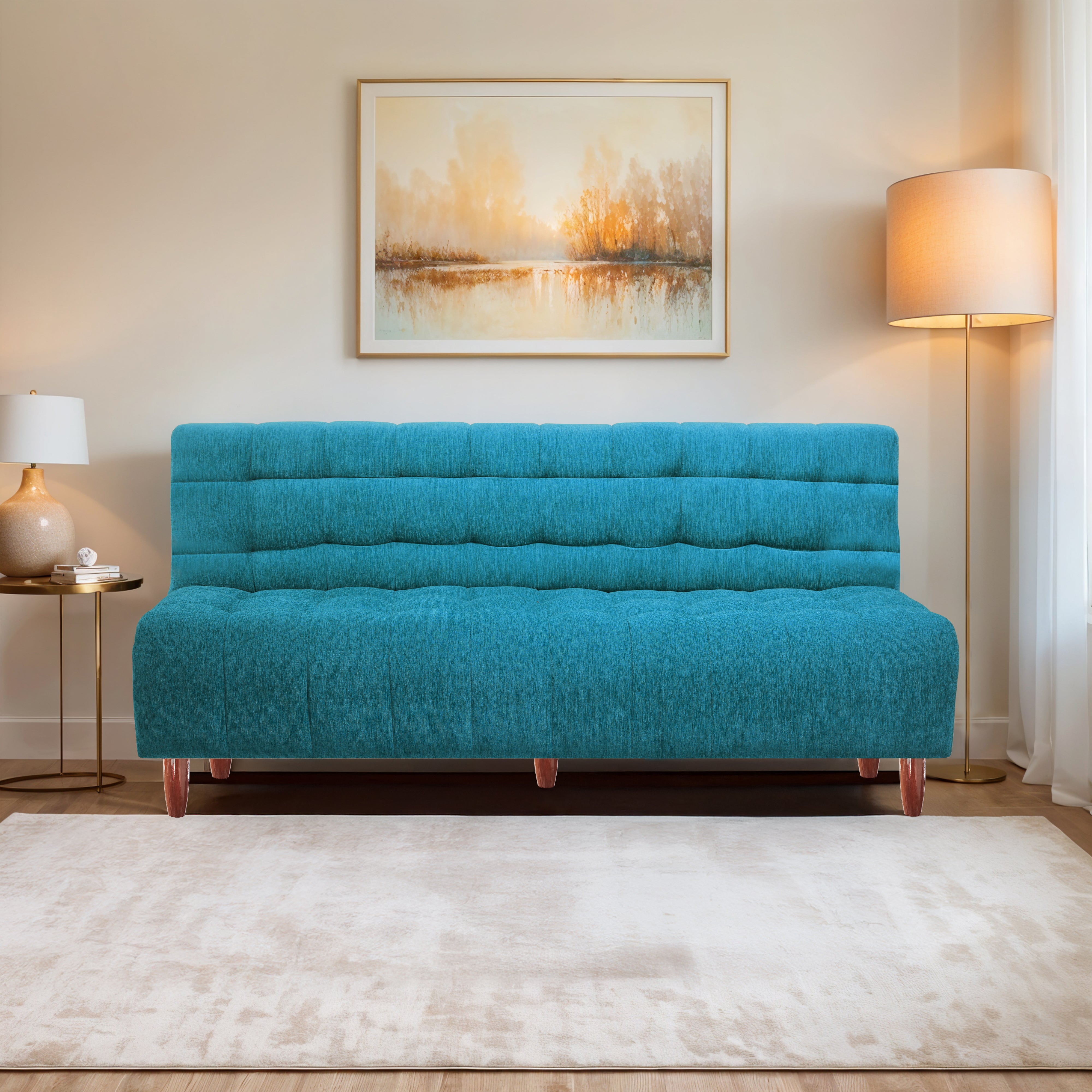 Florida Neo 3 Seater Wooden Sofa Cum Bed - ( Premium Molfino Fabric- Sky Blue )