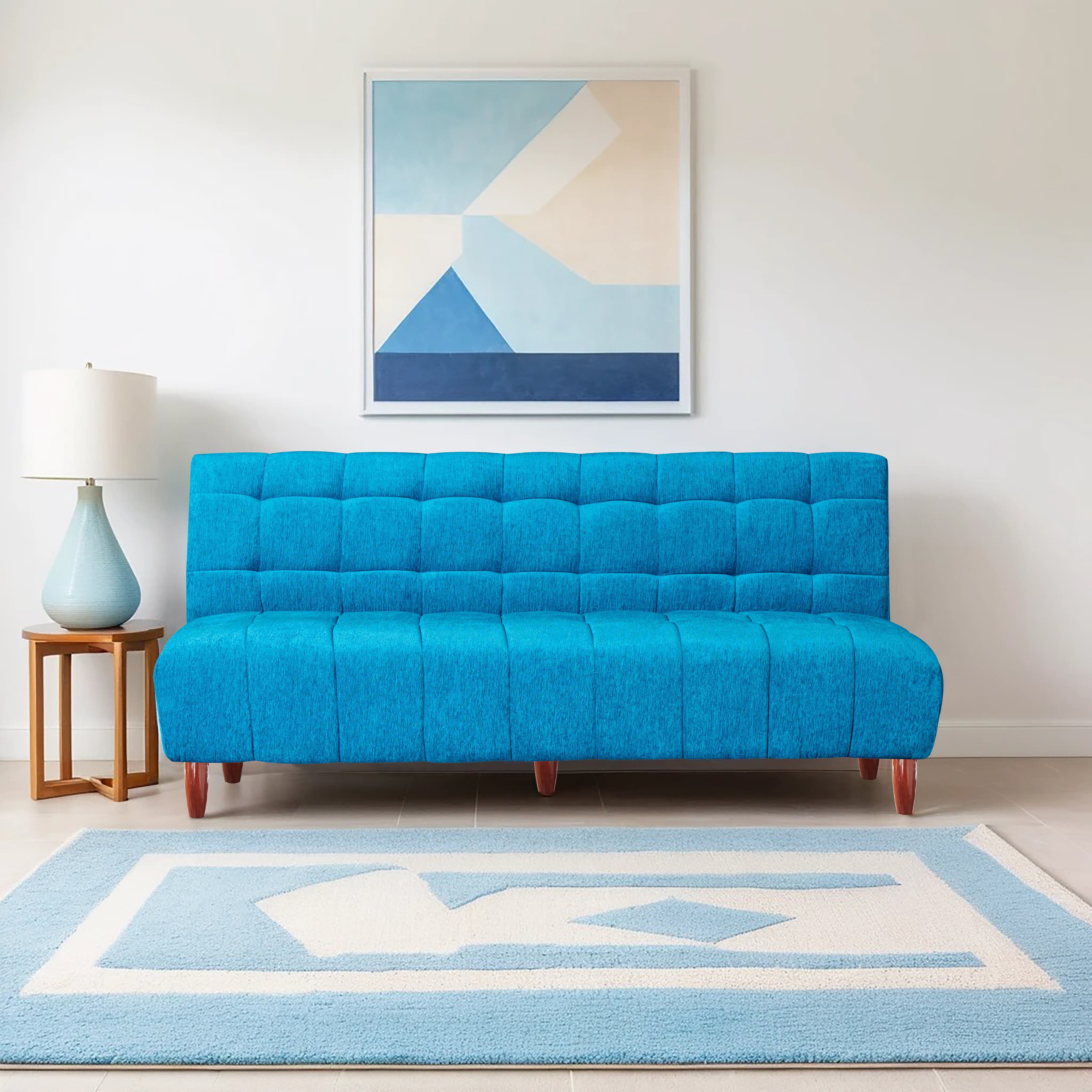 Florida 3 Seater Wooden Sofa Cum Bed - ( Premium Molfino Fabric- Sky Blue )
