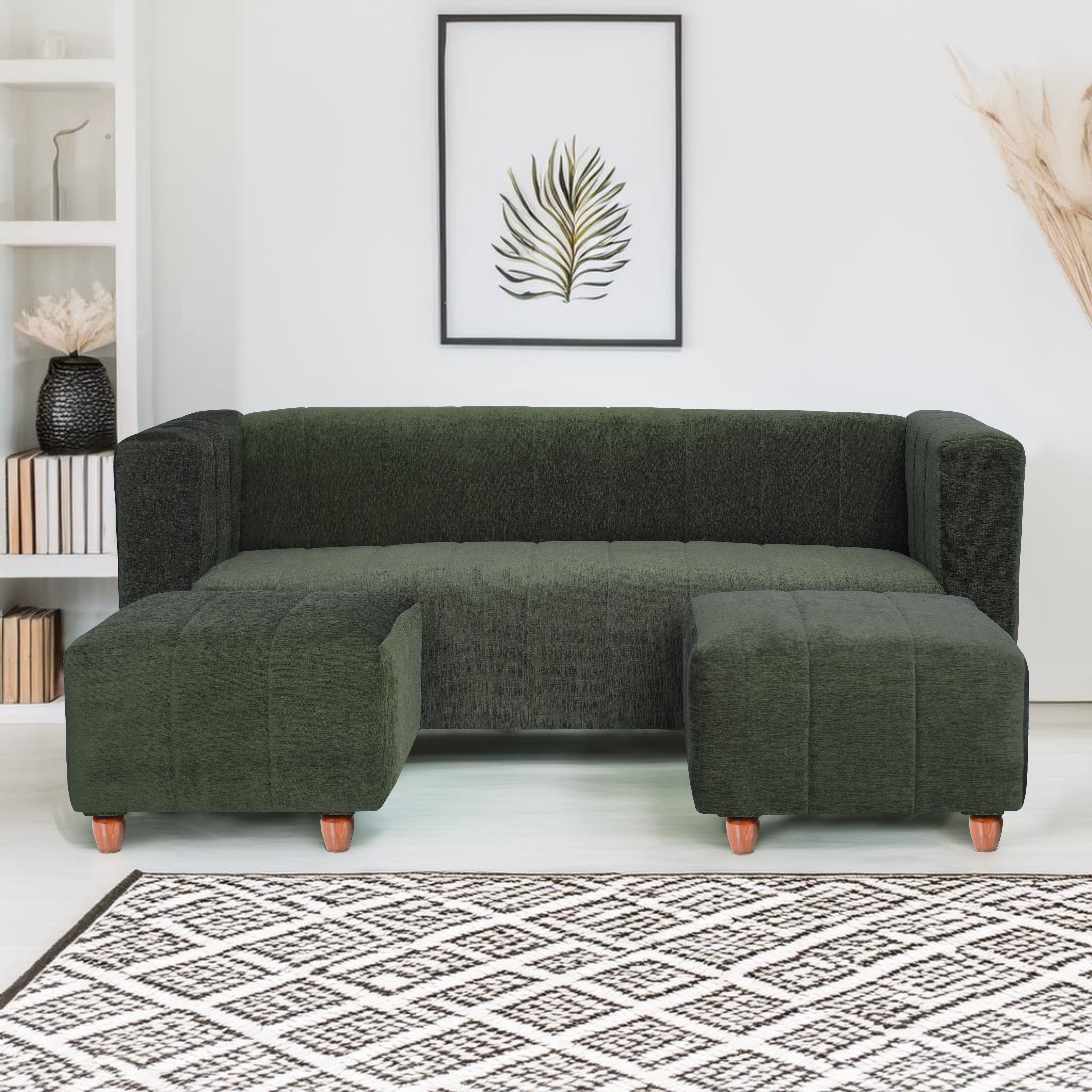 Tokyo 5 Seater Sofa with 2 Ottomans- ( Premium Molfino Fabric- Green )