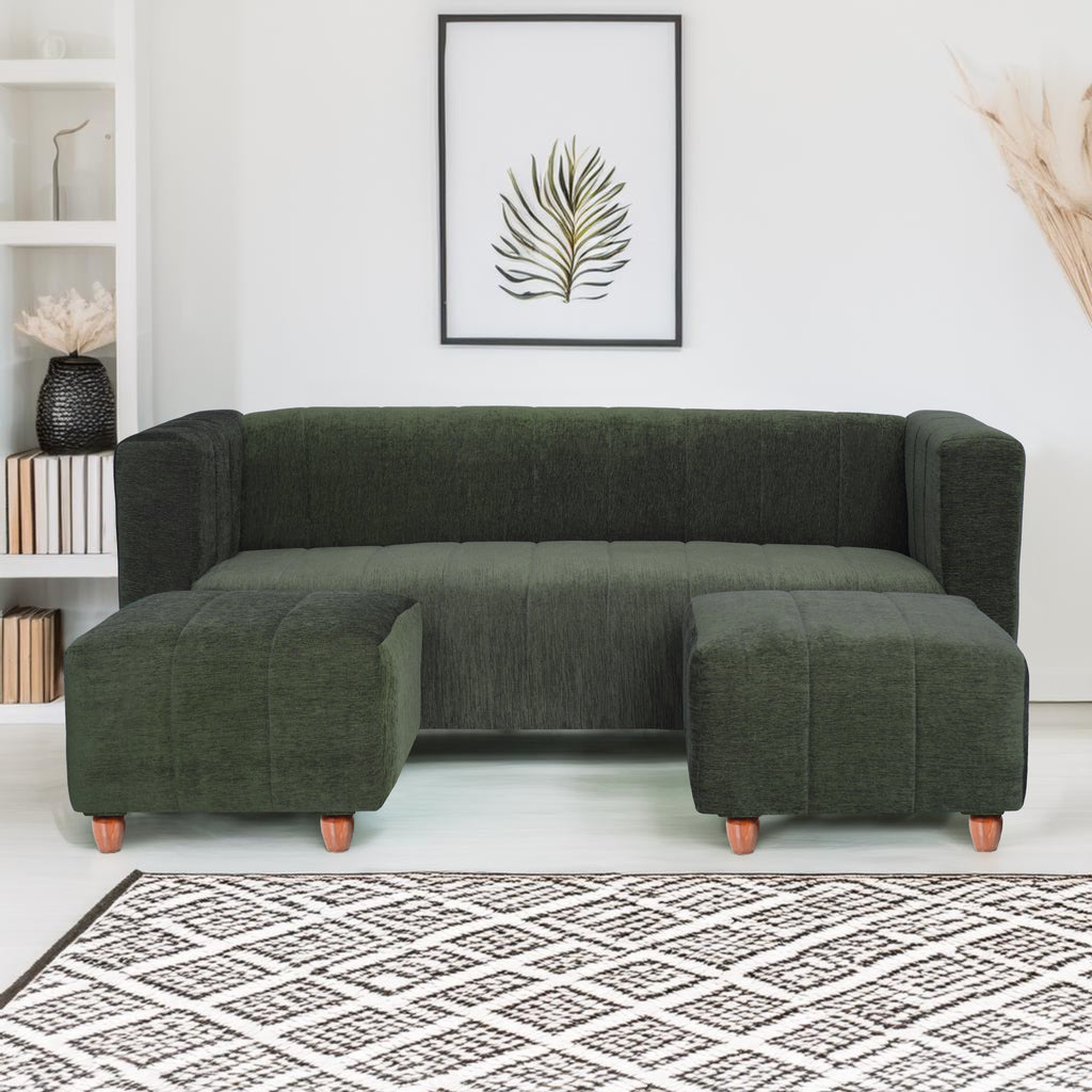 Tokyo 5 Seater Sofa with 2 Ottomans- ( Premium Molfino Fabric- Green )
