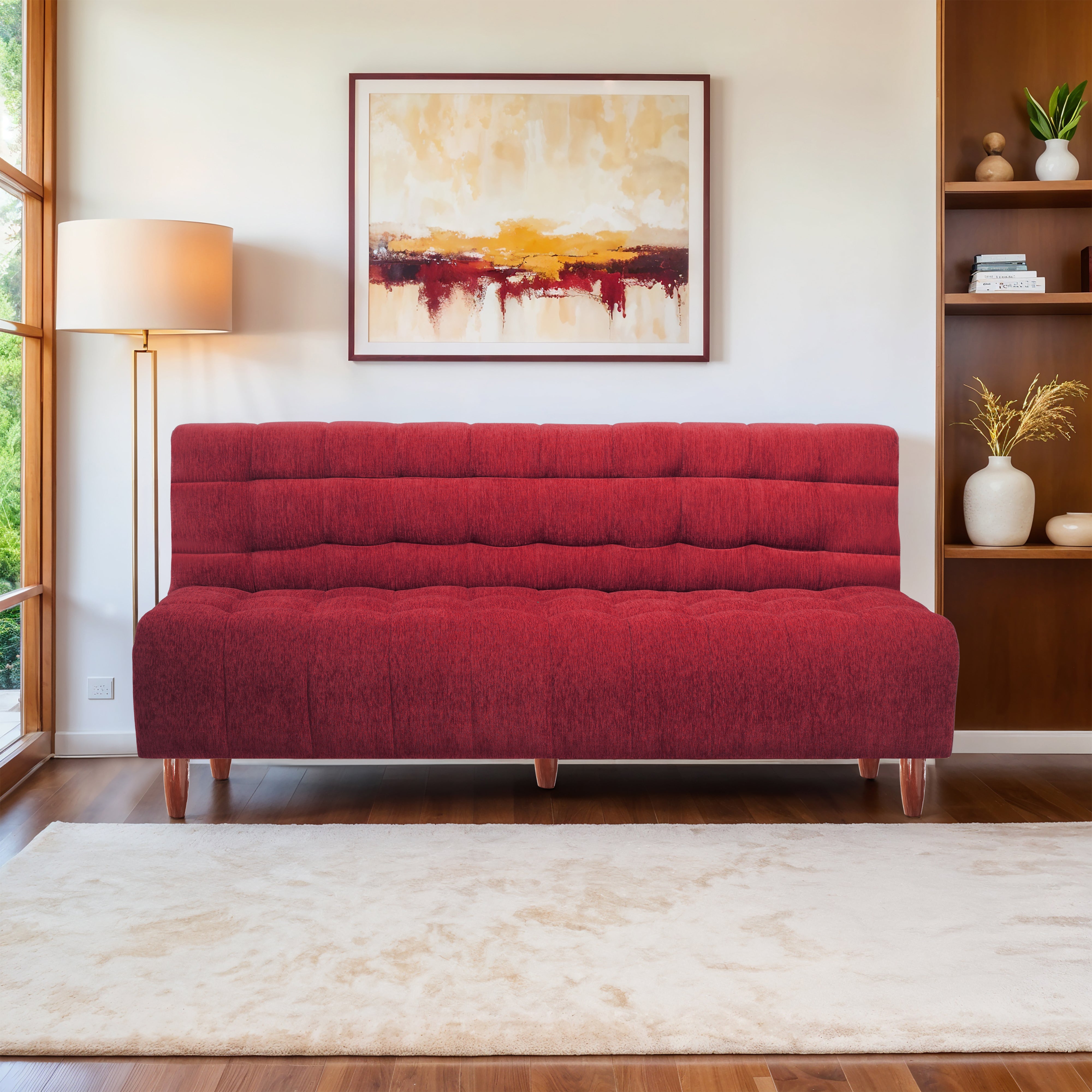Florida Neo 3 Seater Wooden Sofa Cum Bed - ( Premium Molfino Fabric- Maroon)