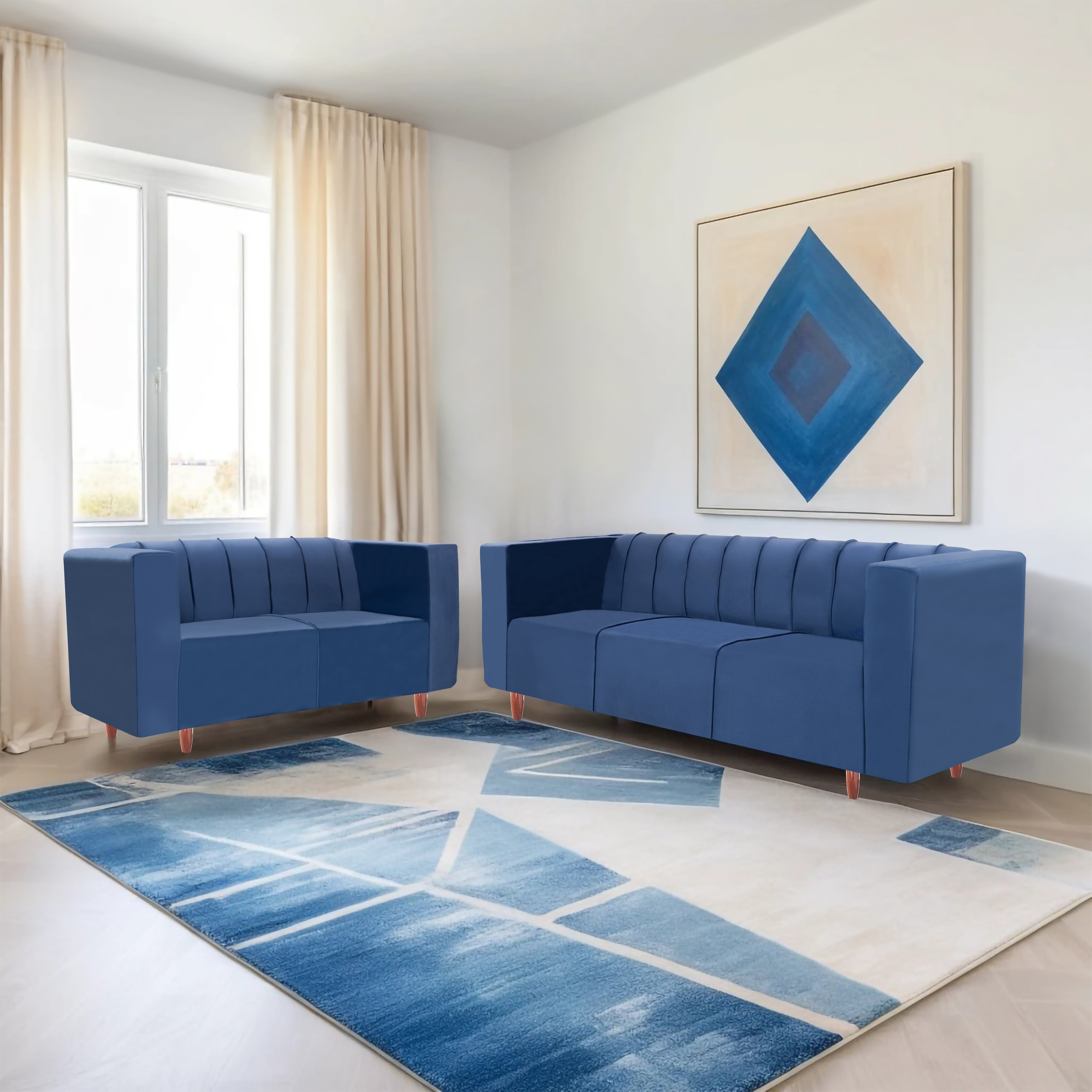 Sydney 5 Seater Sofa- (3+2) ( Premium Holland Fabric - Blue)