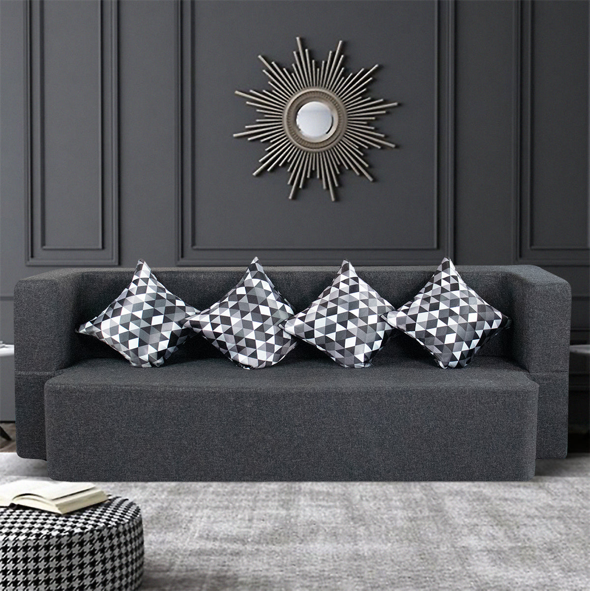 Flipper X Sofa Cum Bed - 3 Seater, Printed Cushion ( Jute Fabric, Dark Grey )
