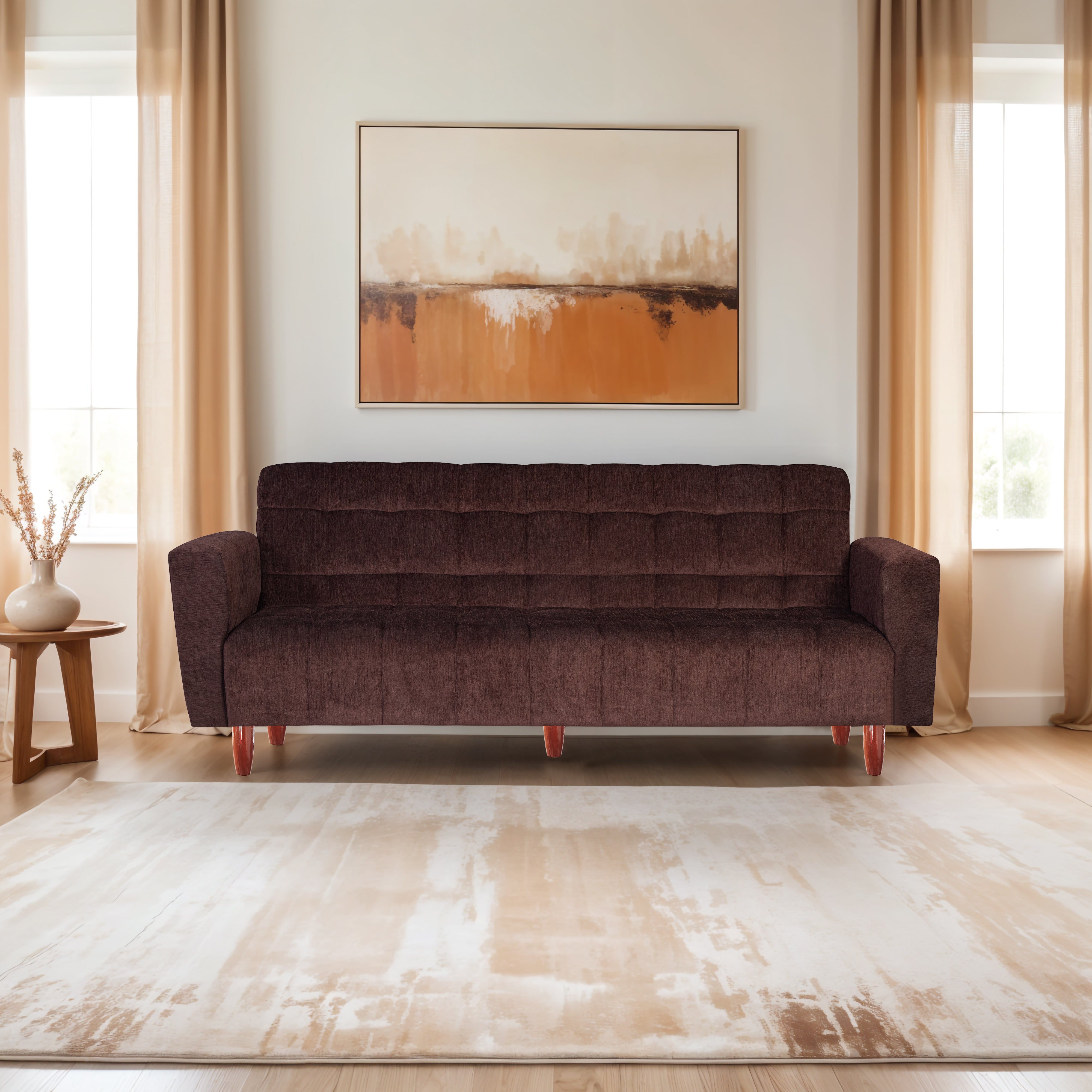 Lisbon 3 Seater Wooden Sofa Cum Bed - ( Premium Molfino Fabric- Brown )